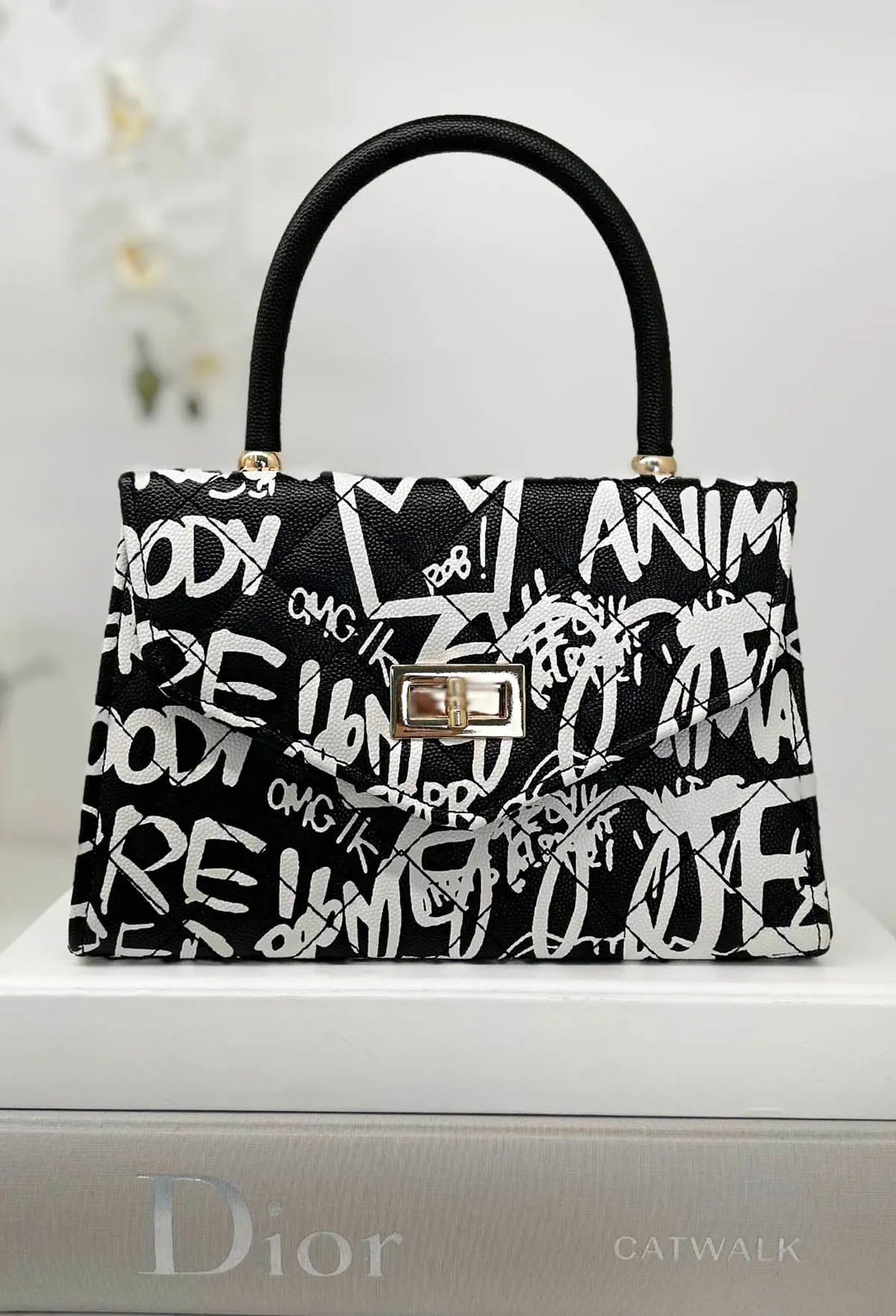 Graffiti Chic Monochrome Printed Top Handle Bag