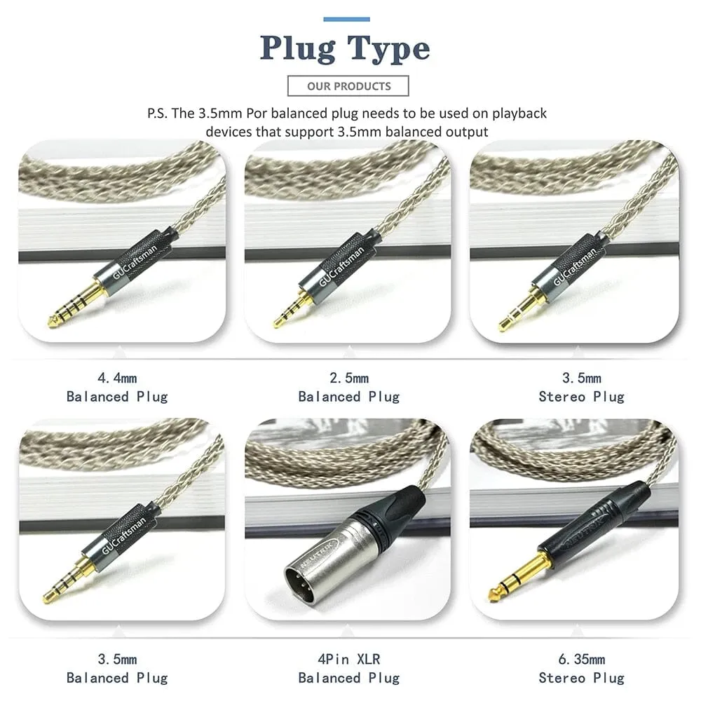 GUCraftsman 6N Single Crystal Silver Headphone Cables For Focal Elegia Clear Stellia Elear Celestee Radiance