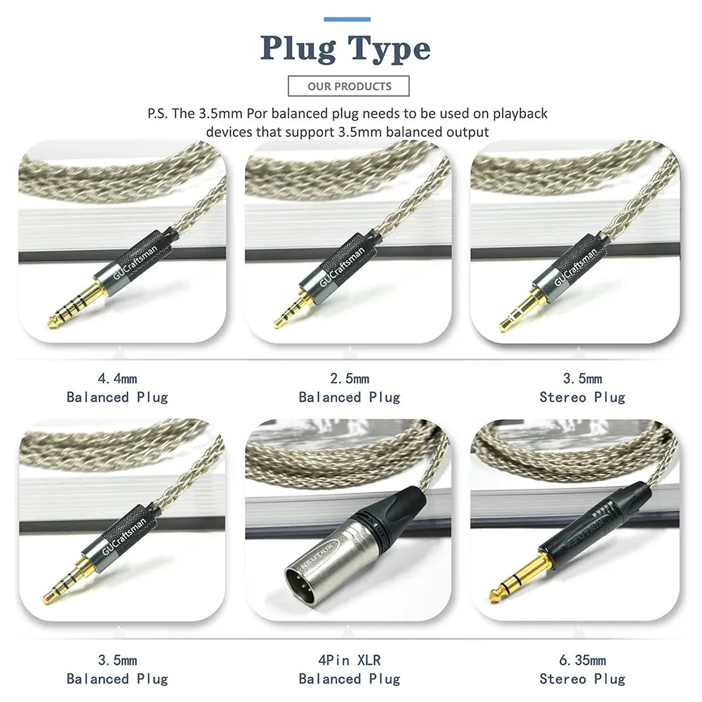 GUCraftsman 6N Single Crystal Silver Headphone Cables For HIFIMAN SUSVARA ANANDA Arya SUNDARA HE1000SE HE5SE HE6SE