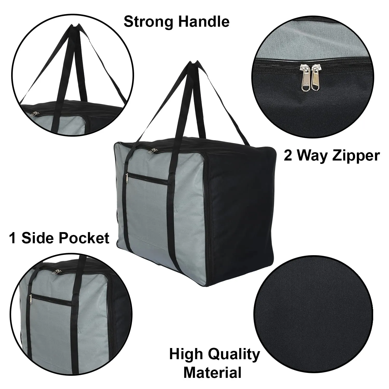 Heart Home Lightweight Foldable Multipurpose Storage bag, Cloth Organiser, Travel Bag With Zippered Closure And Handle (Grey & Black)-HS43HEARTH26660