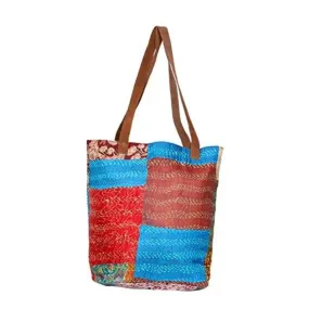 IndiWeaves Womens Silk Kantha Work Leather Handle Handmade Tote Bag Blue/Red/Brown