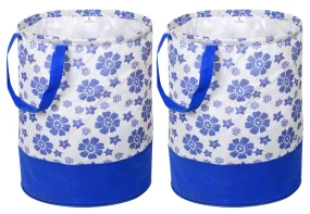 Kuber Industries Flower Print Round Non Woven Fabric Foldable Laundry Organiser With Handles,45 Ltr (Set Of 2, Blue)-KUBMART11611