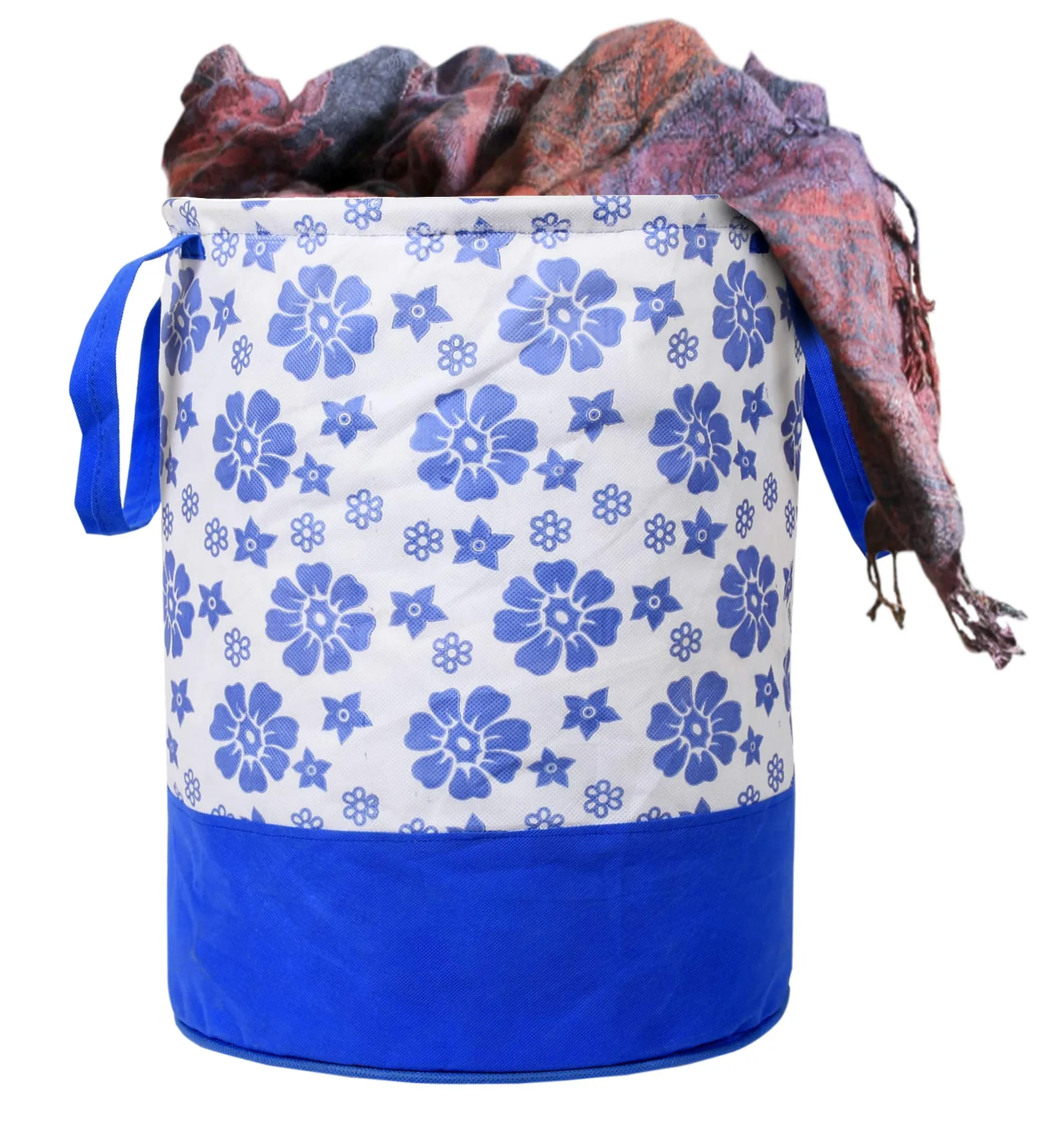 Kuber Industries Flower Print Round Non Woven Fabric Foldable Laundry Organiser With Handles,45 Ltr (Set Of 2, Blue)-KUBMART11611