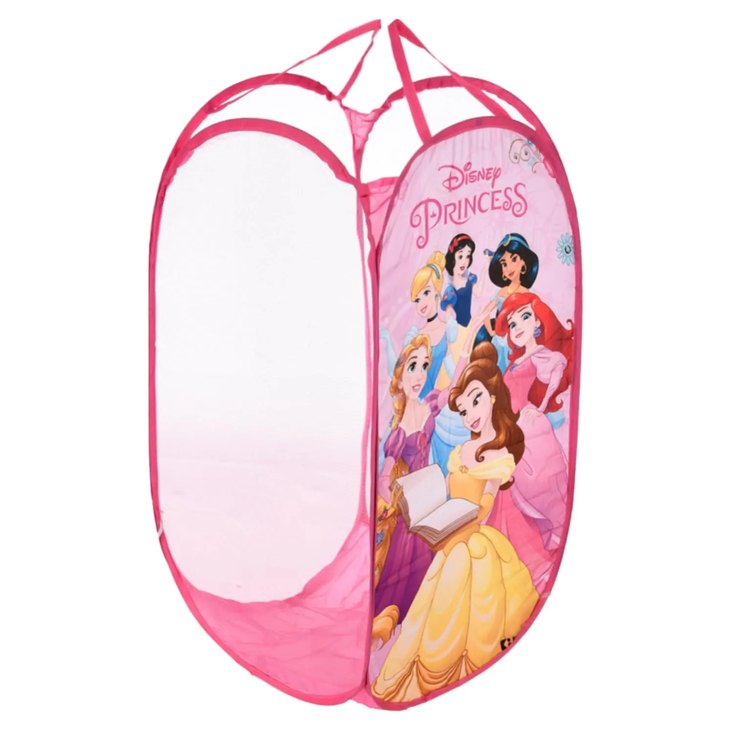 Kuber Industries Laundry Basket | Disney Princess Net Foldable Laundry | Nylon Storage Basket with Handle | Basket for Toy Storage | 30 LTR | Pack of 3 | Pink