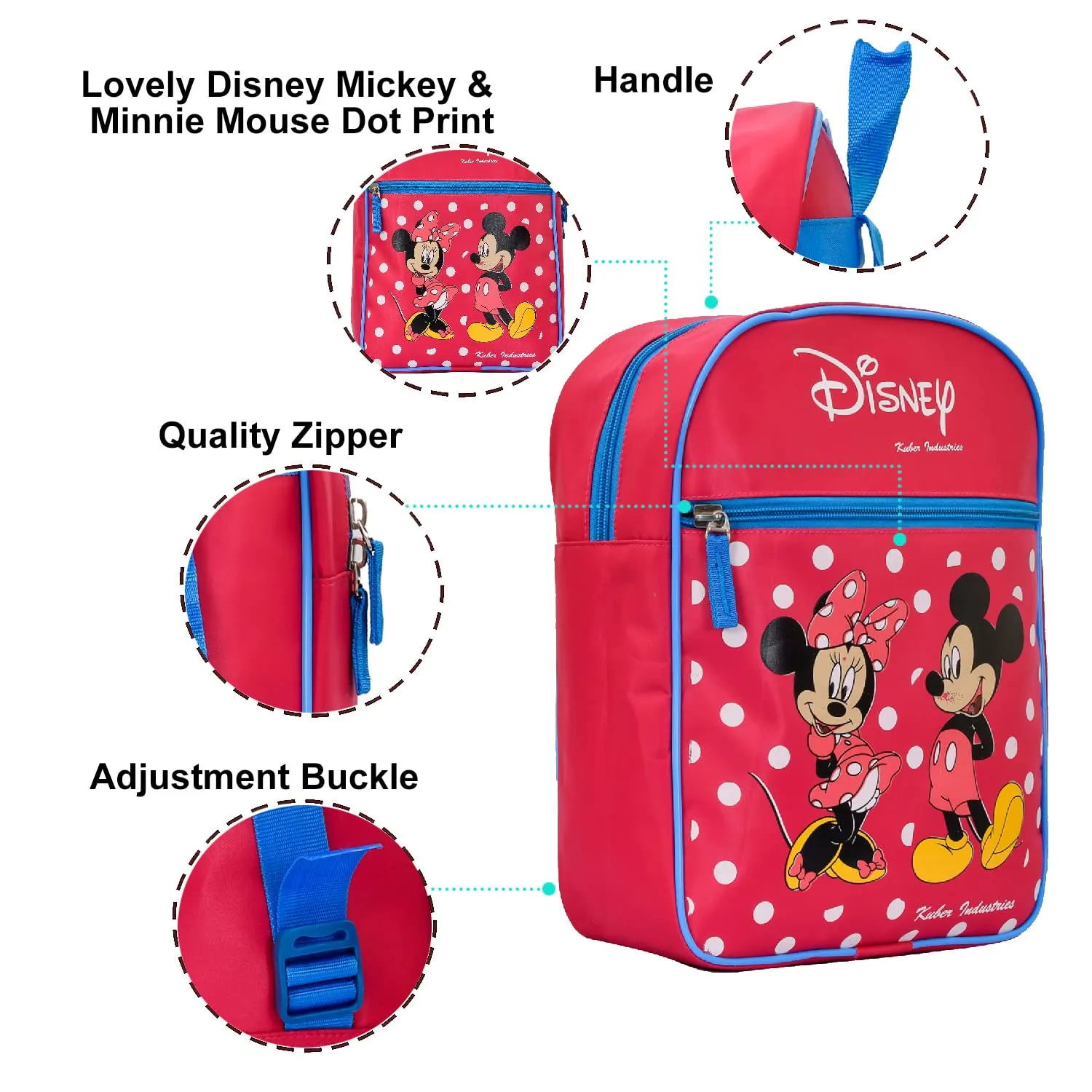 Kuber Industries Polyester Waterproof Disney Mickey & Minnie Mouse Dot Print Backpack|Sturdy School Bag For Kids,13 Inch (Pink)