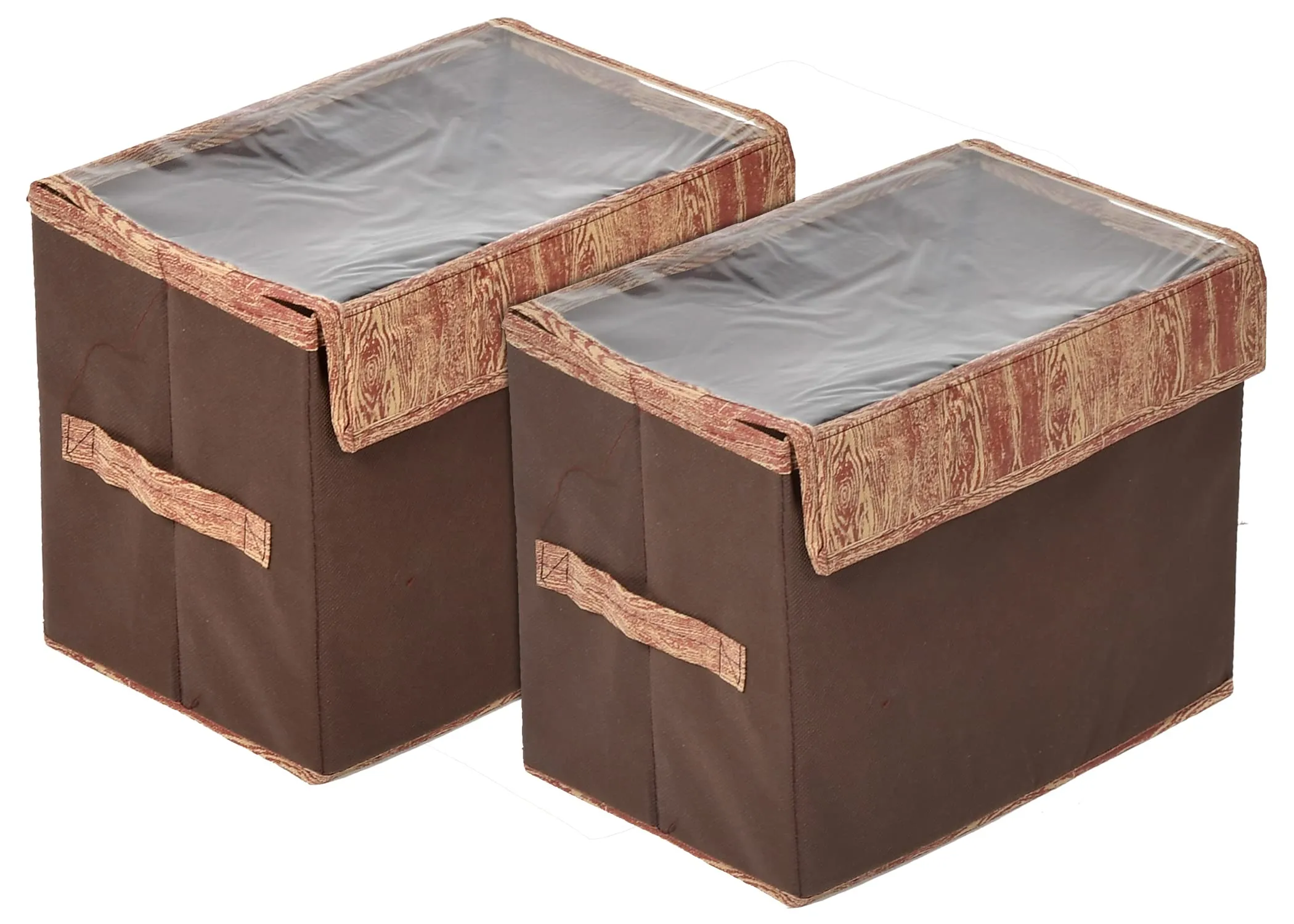 Kuber Industries Wooden Design Foldable Small Non-Woven Storage Box/Bin For Books, Towels, Magazines, DVDs & More With Tranasparent Lid- Pack of 2 (Brown) -44KM0432