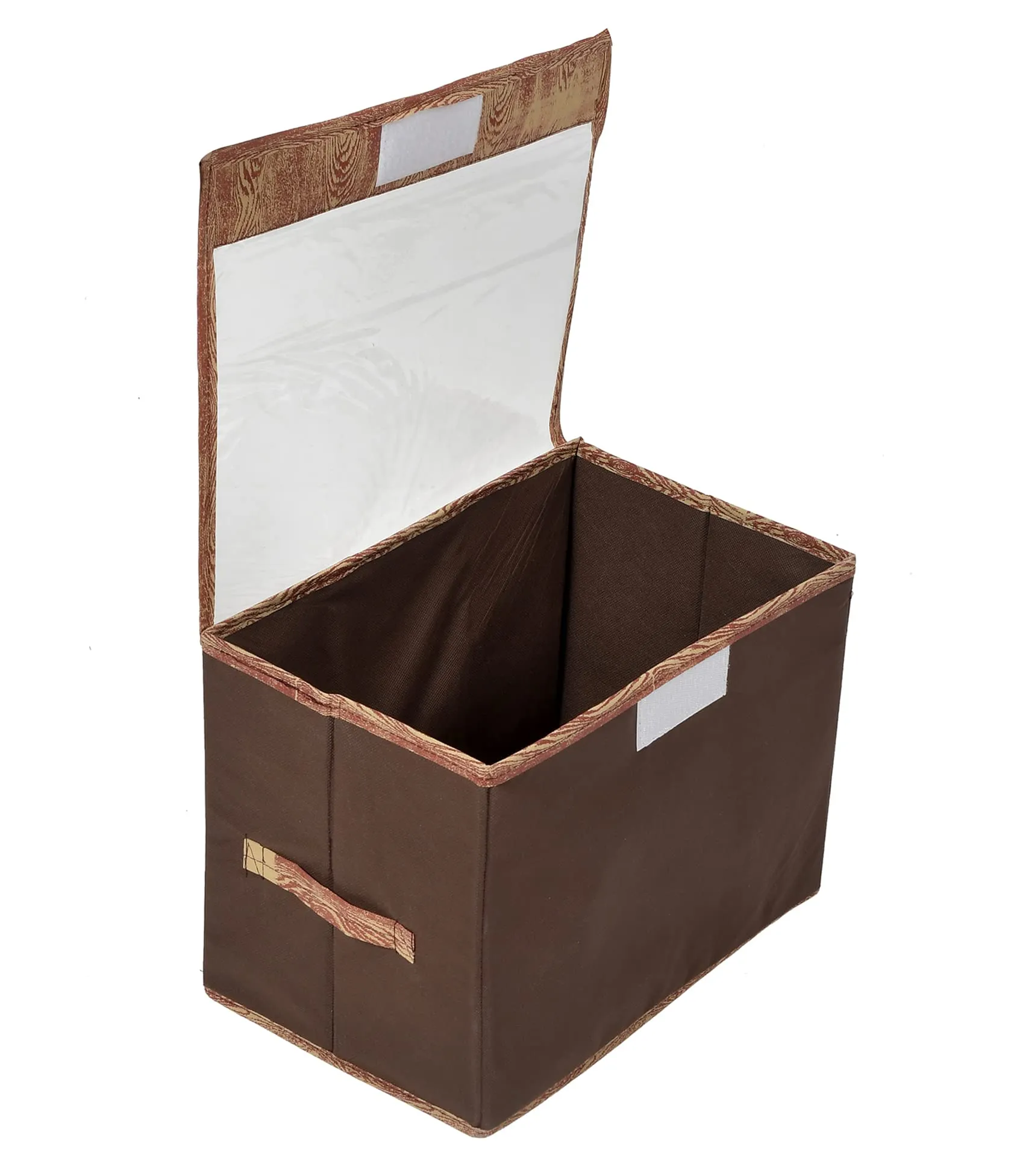 Kuber Industries Wooden Design Foldable Small Non-Woven Storage Box/Bin For Books, Towels, Magazines, DVDs & More With Tranasparent Lid- Pack of 2 (Brown) -44KM0432