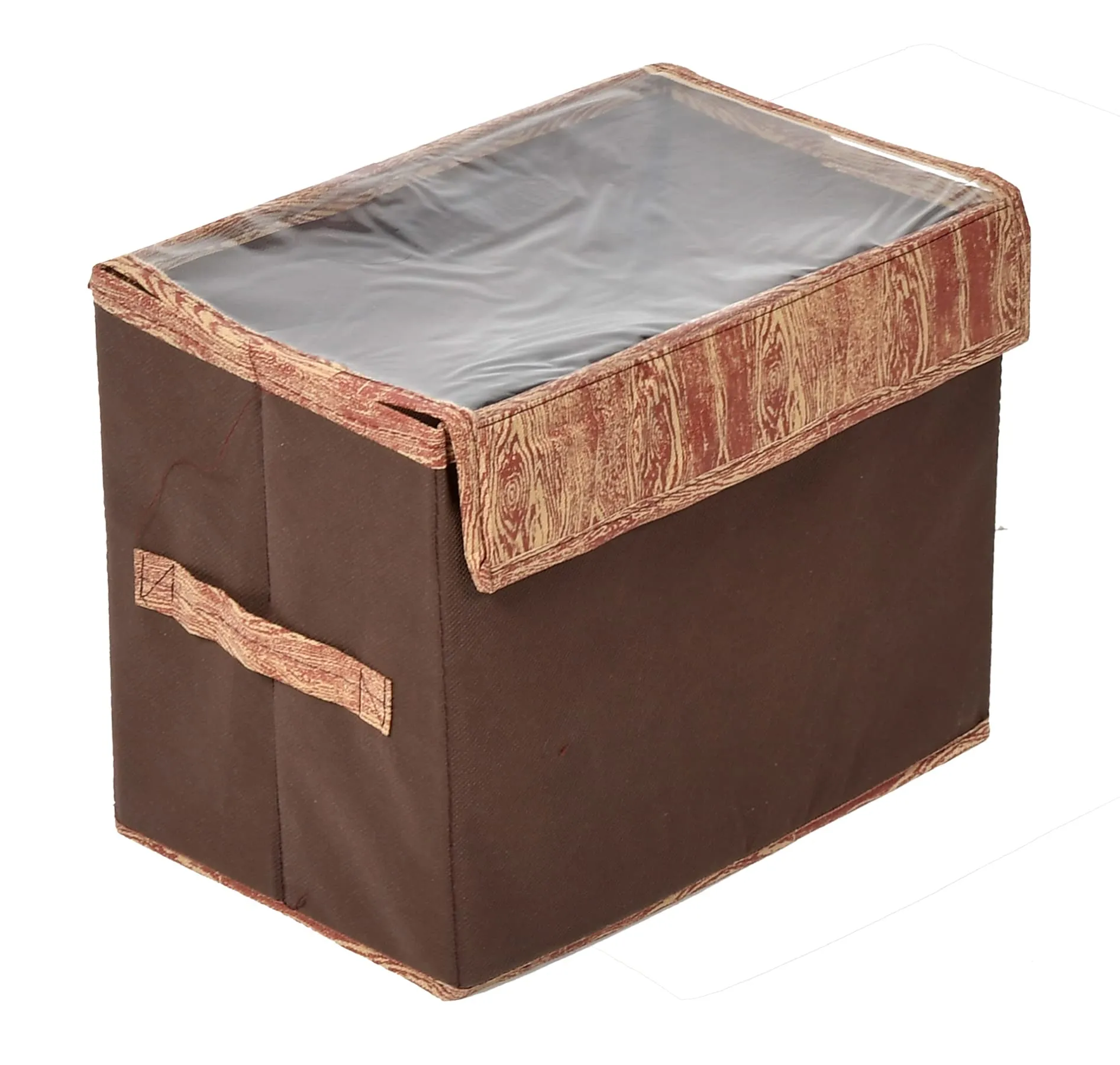 Kuber Industries Wooden Design Foldable Small Non-Woven Storage Box/Bin For Books, Towels, Magazines, DVDs & More With Tranasparent Lid- Pack of 2 (Brown) -44KM0432