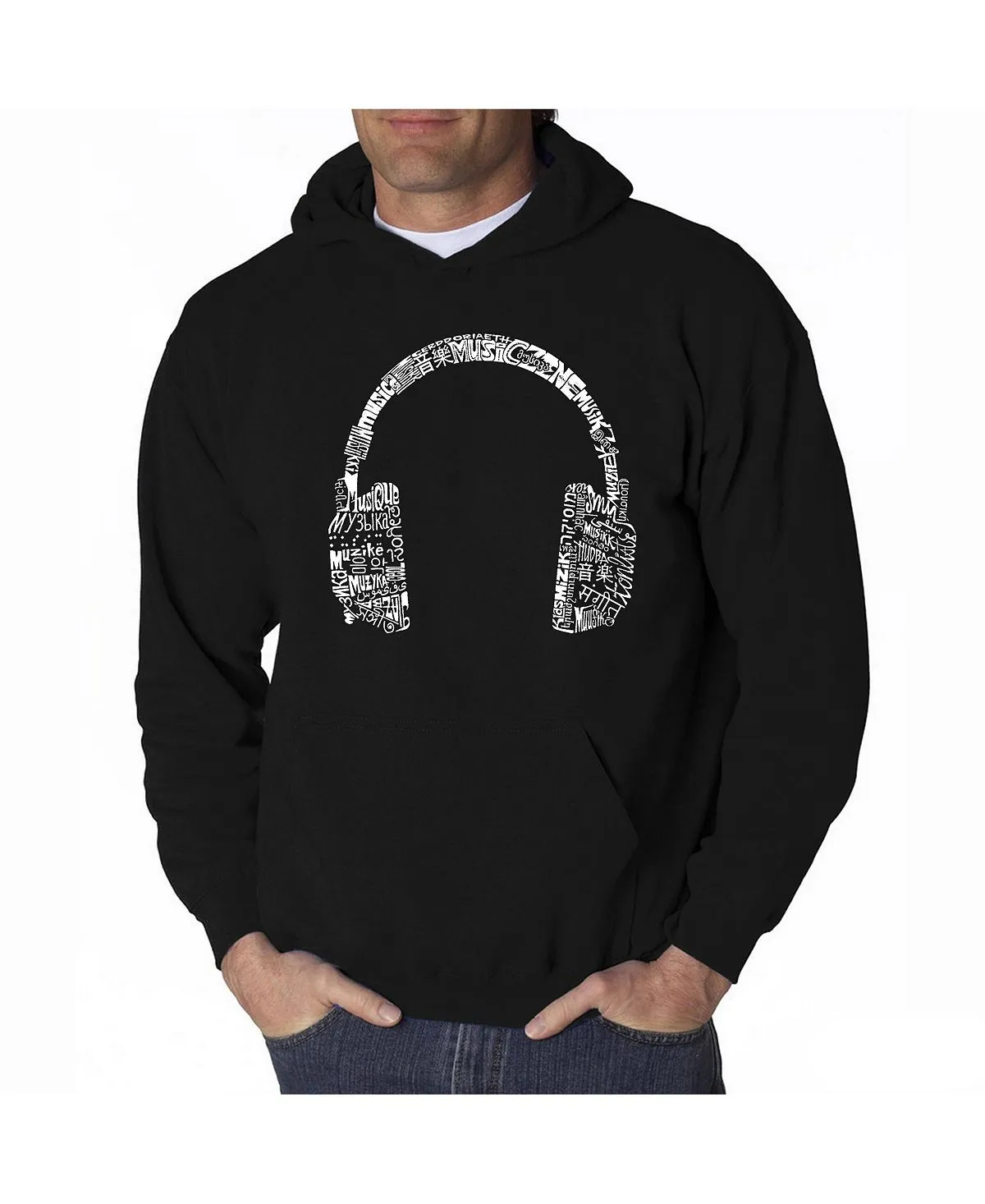 Men's word art hoodie - headphones - music in different languages LA Pop Art, black