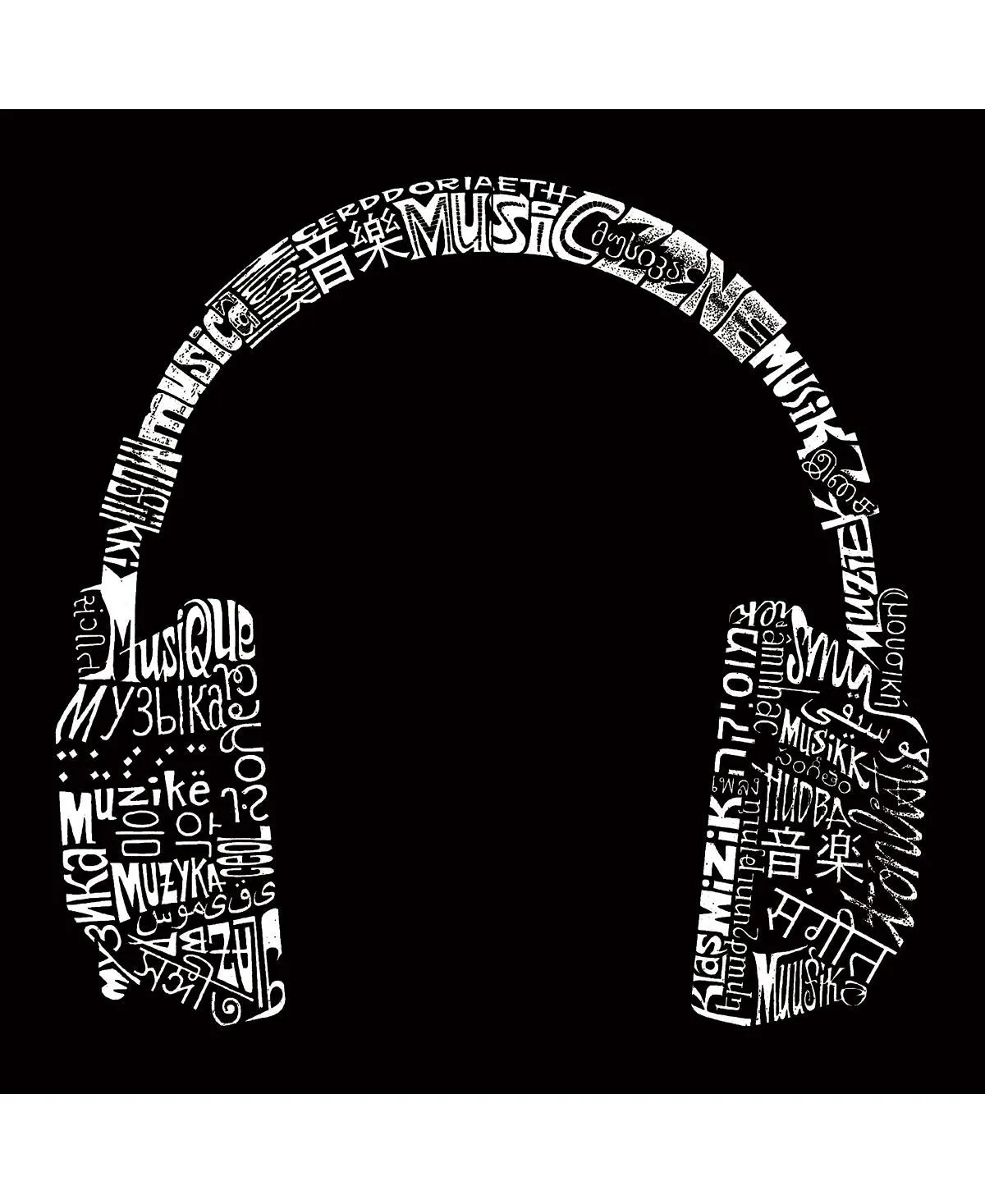 Men's word art hoodie - headphones - music in different languages LA Pop Art, black