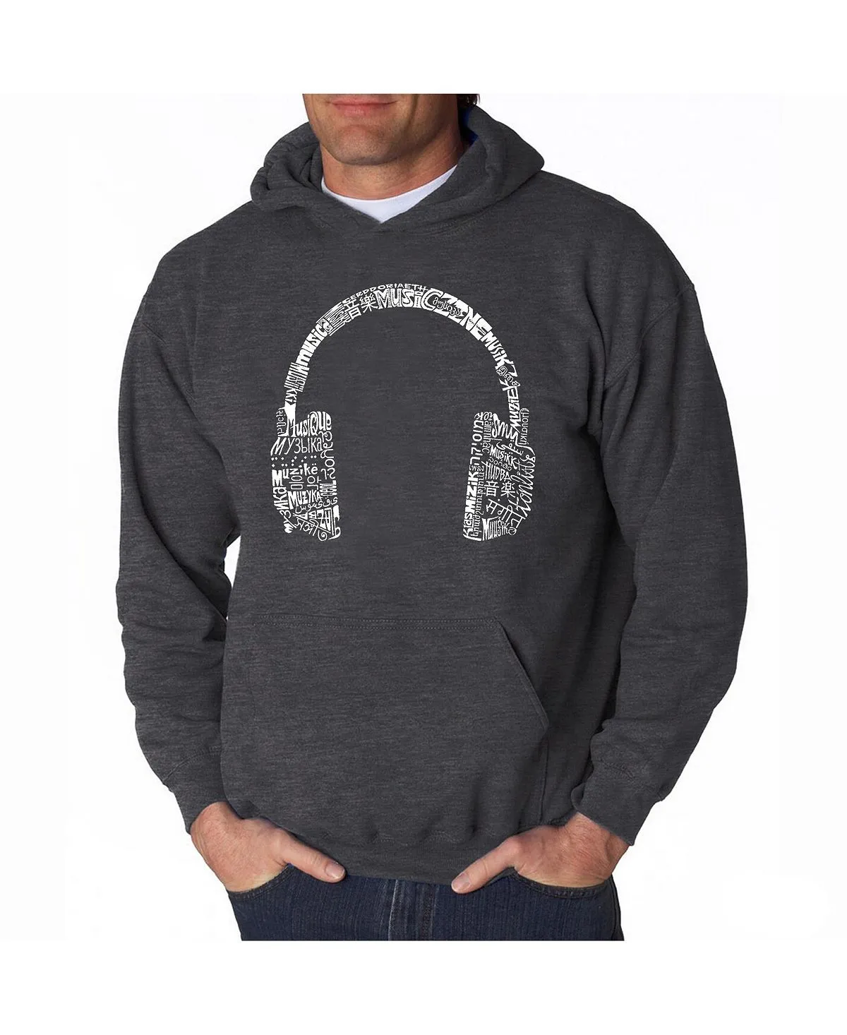 Men's word art hoodie - headphones - music in different languages LA Pop Art, black