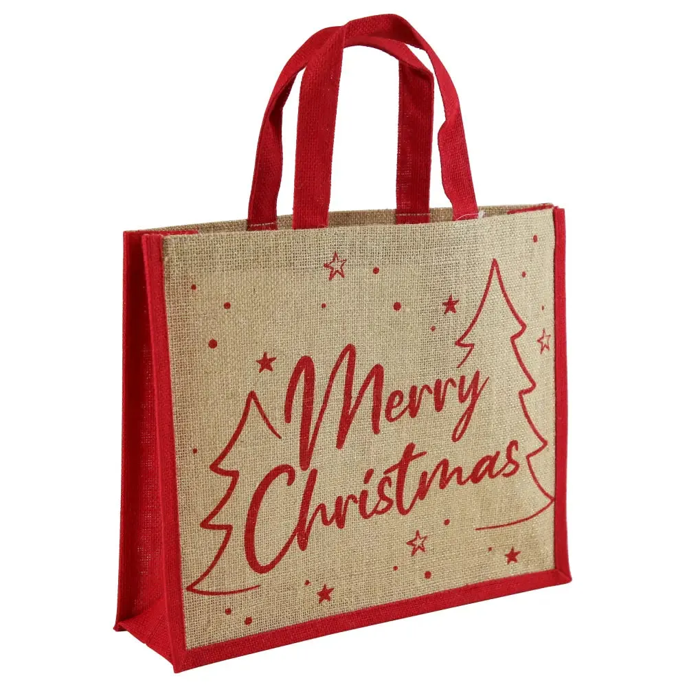 Merry Xmas Tree Red Jute Bag - Shopper or Bottle Bag (2 Shapes - 1 SENT)