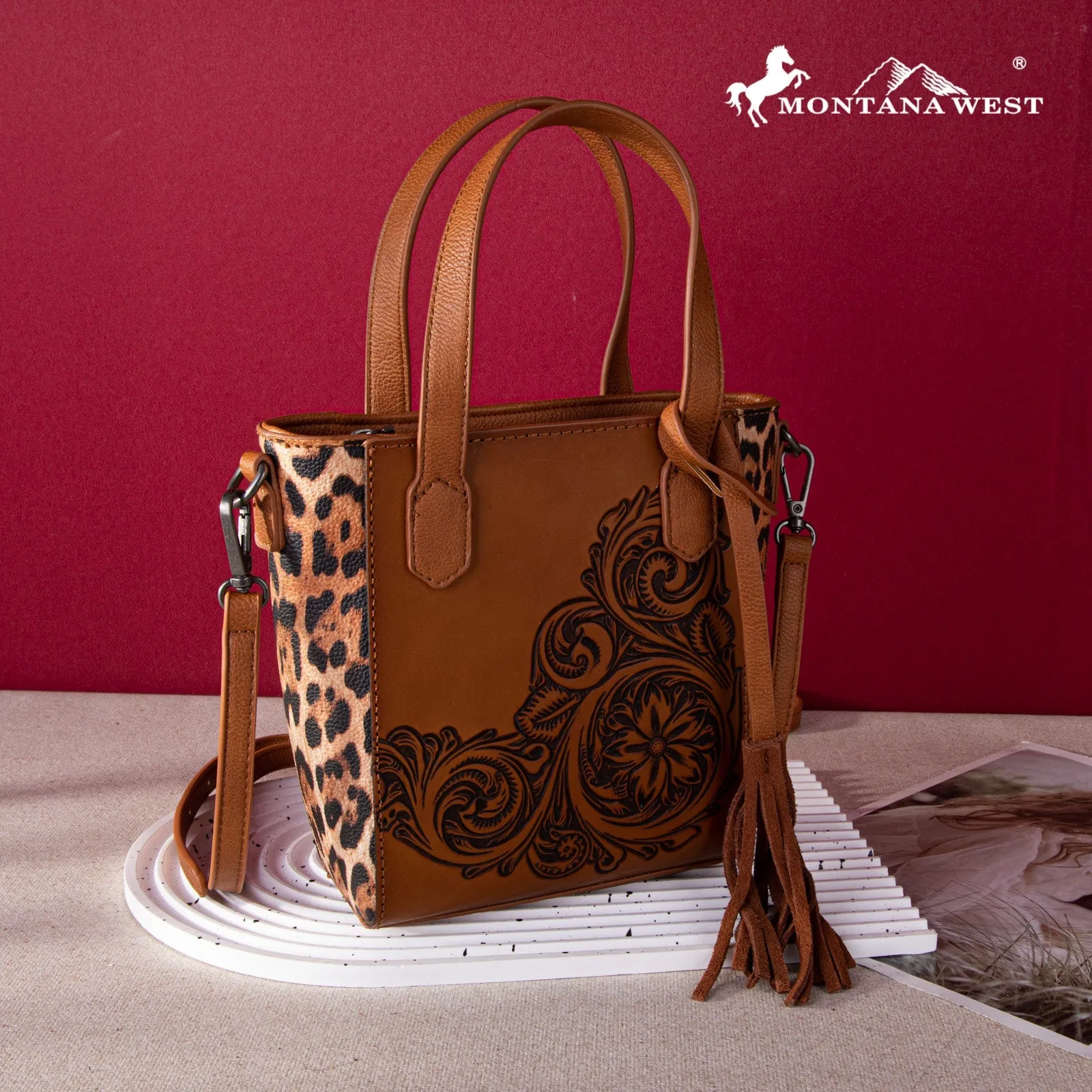 Montana West Floral Embossed Leopard Collection Bag