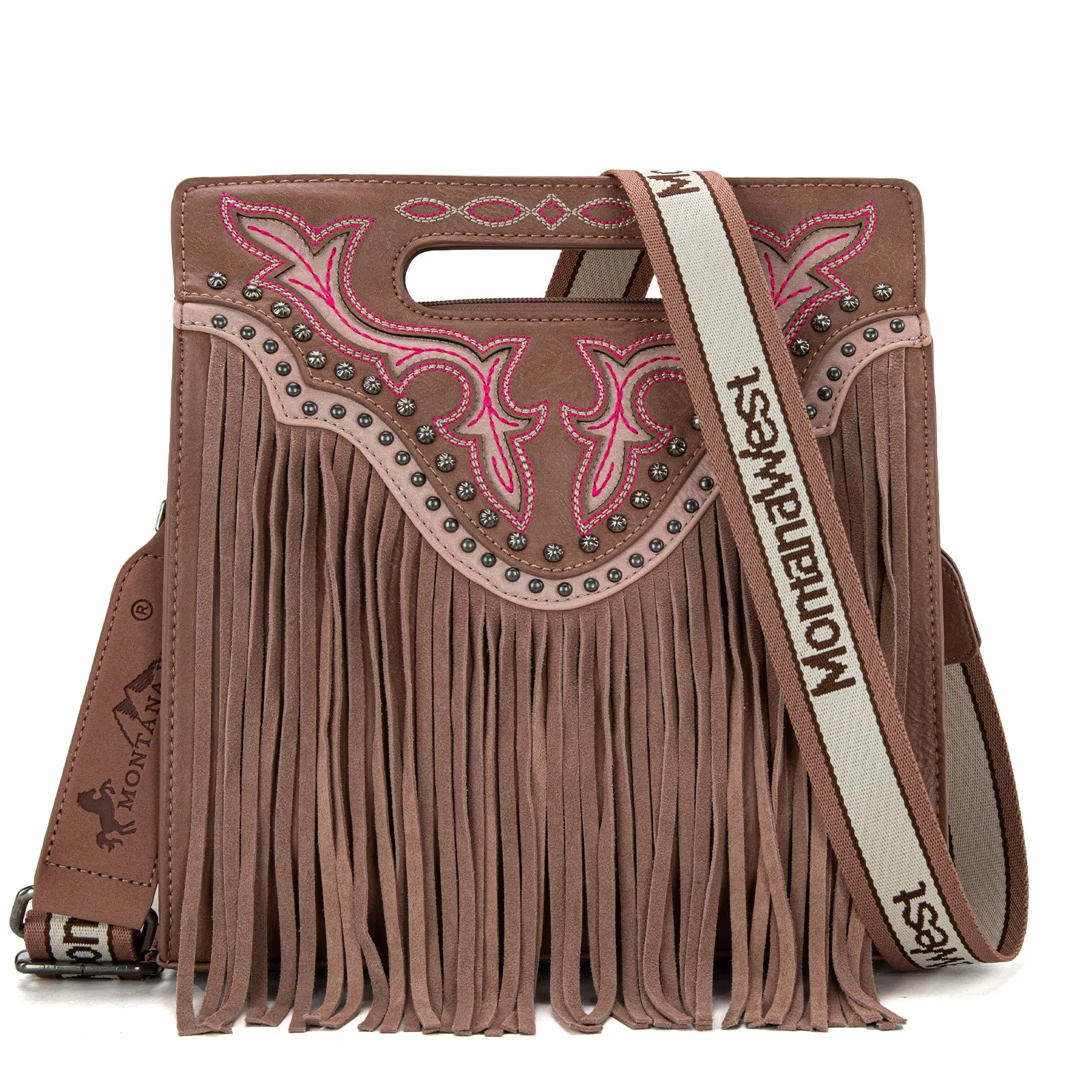 MW1281G-9360  Montana West Fringe Embroidered Concealed Carry Tote/Crossbody - Dusty Pink