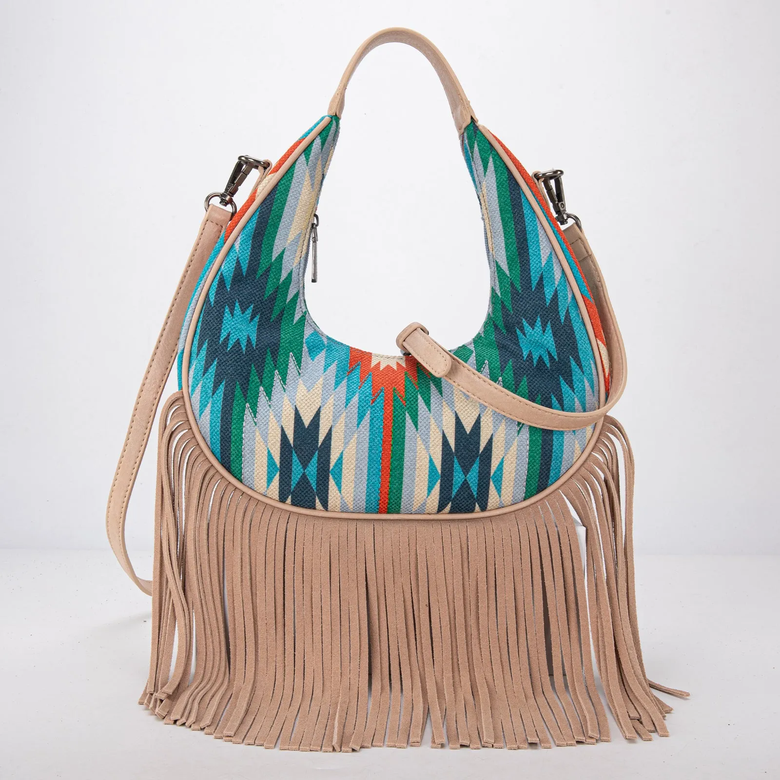 MW1285-8366  Montana West Aztec Fringe Crescent Crossbody Bag - Turquoise