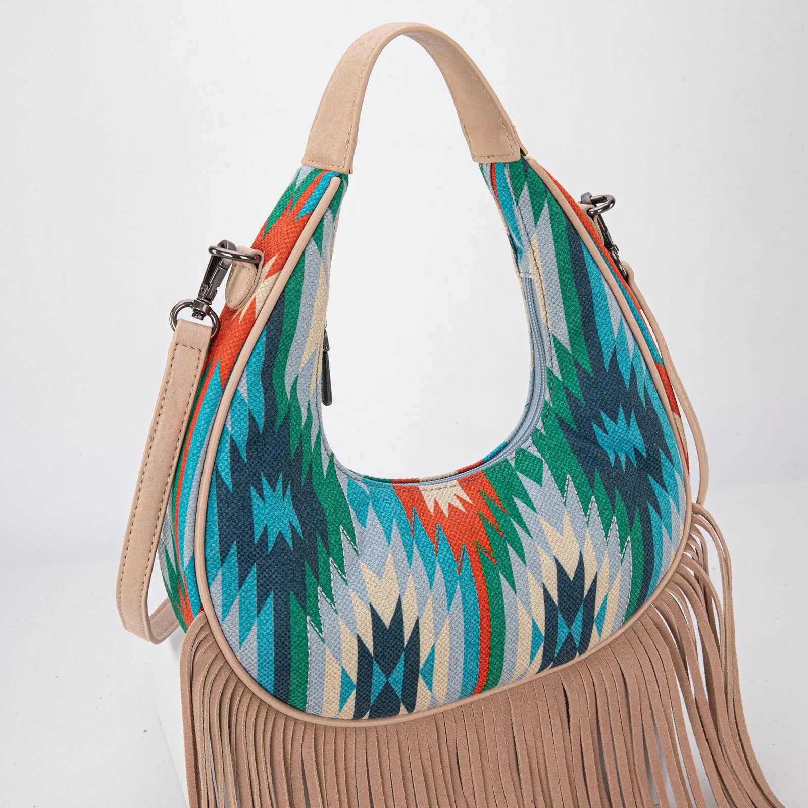 MW1285-8366  Montana West Aztec Fringe Crescent Crossbody Bag - Turquoise