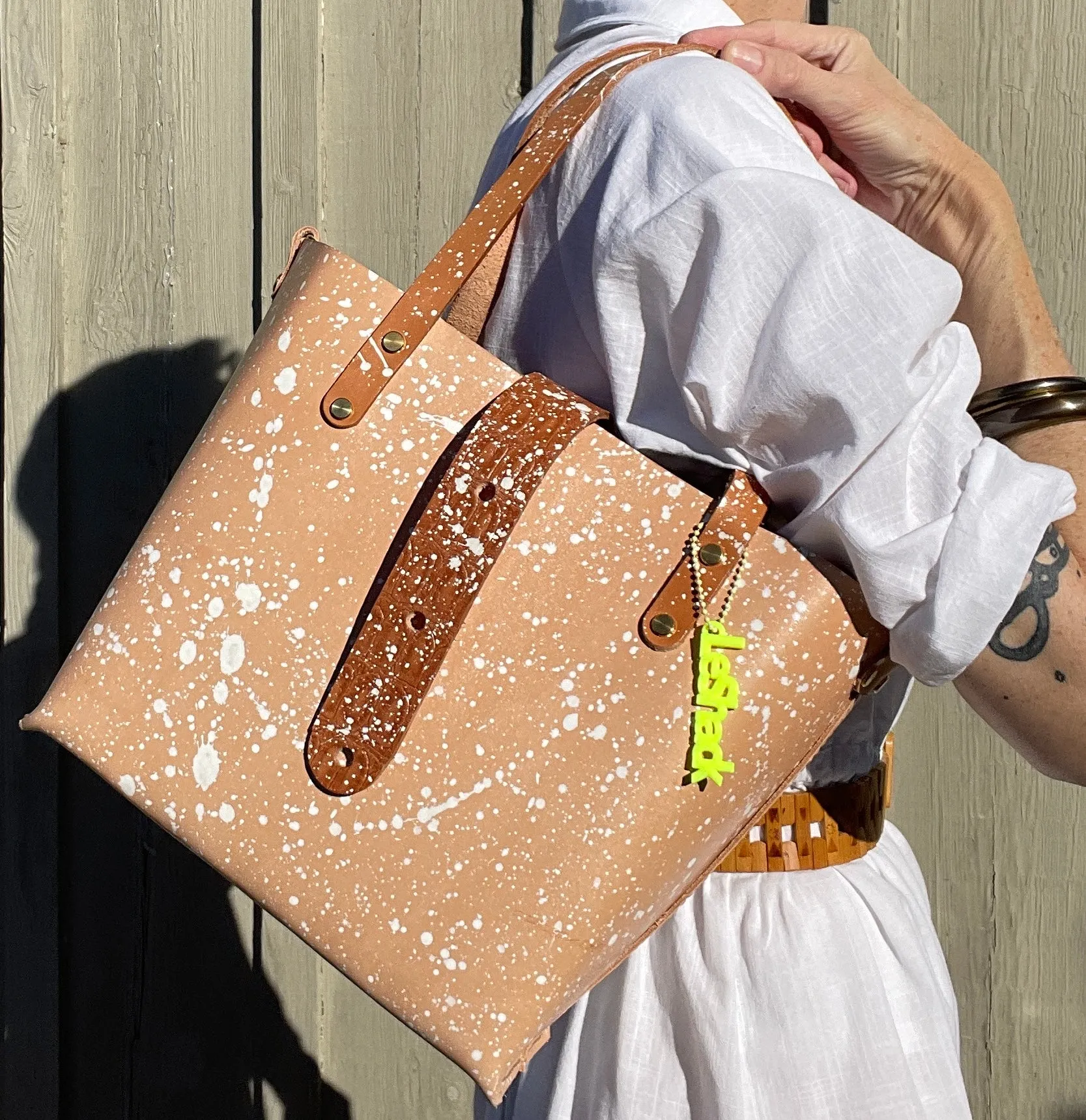 Natural Veg Tan Leather With White Splatter Open Top Crossbody Tote