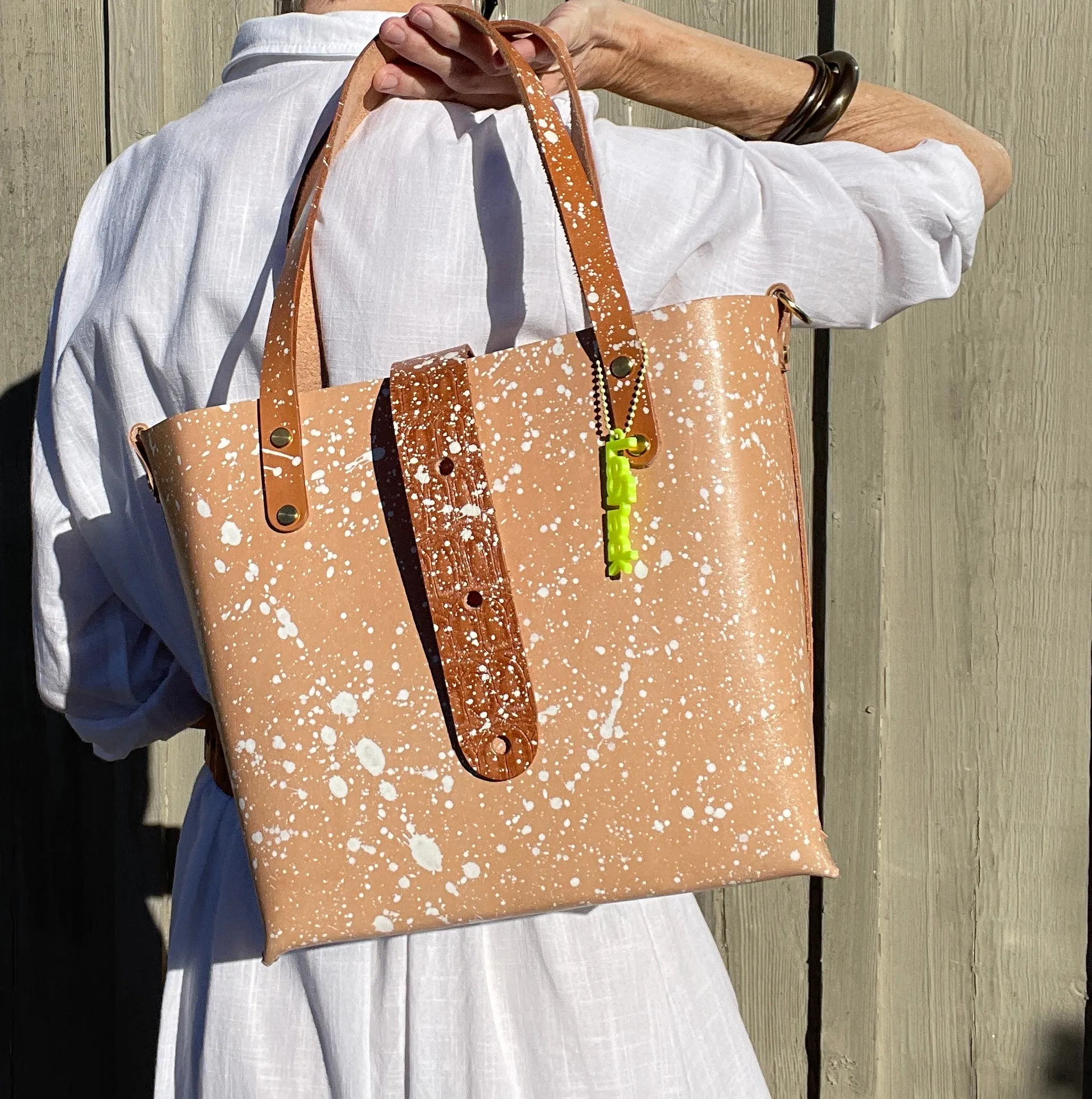 Natural Veg Tan Leather With White Splatter Open Top Crossbody Tote