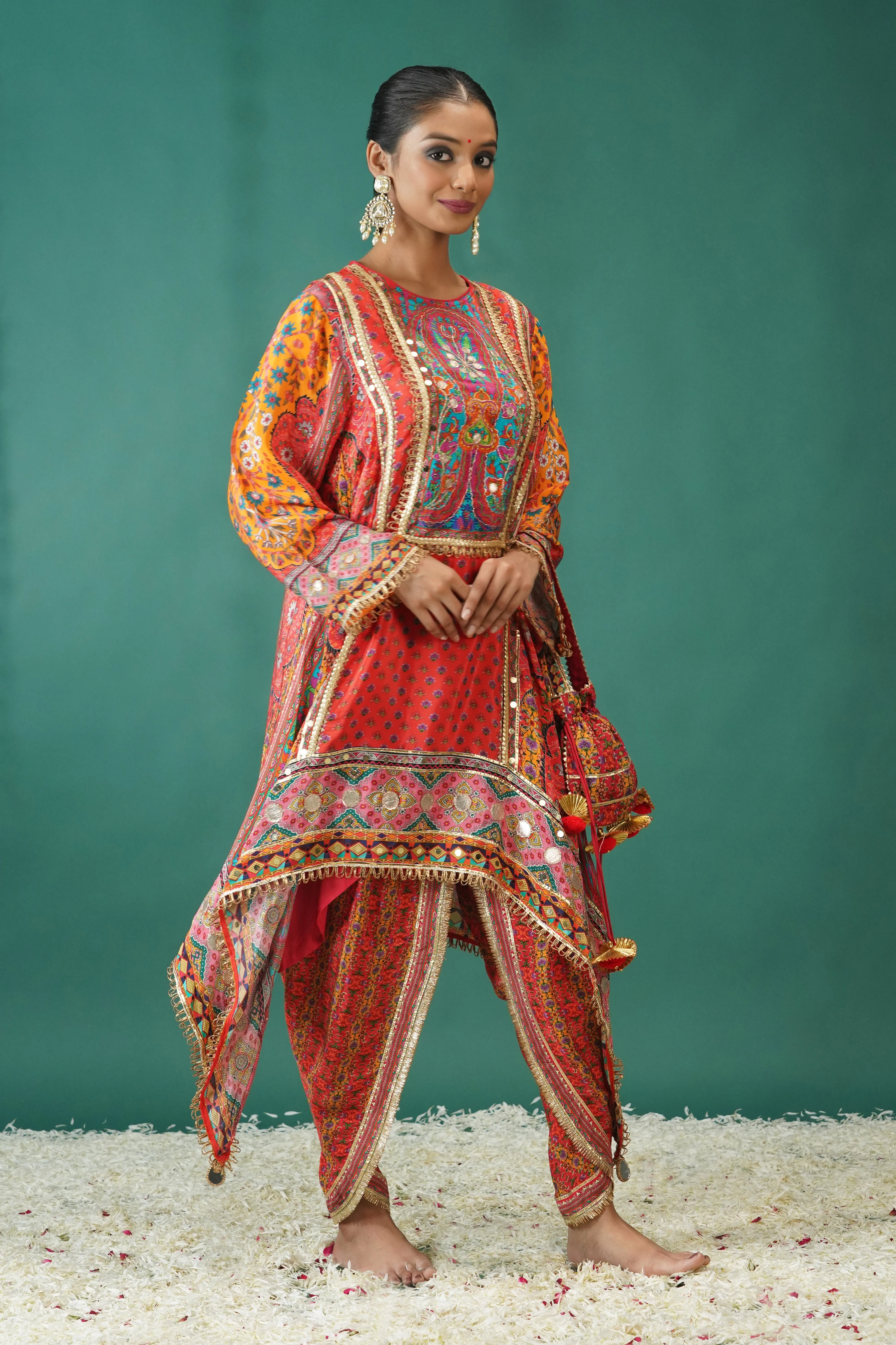 Orange Traditional Printed Crepe Silk Dhoti Set