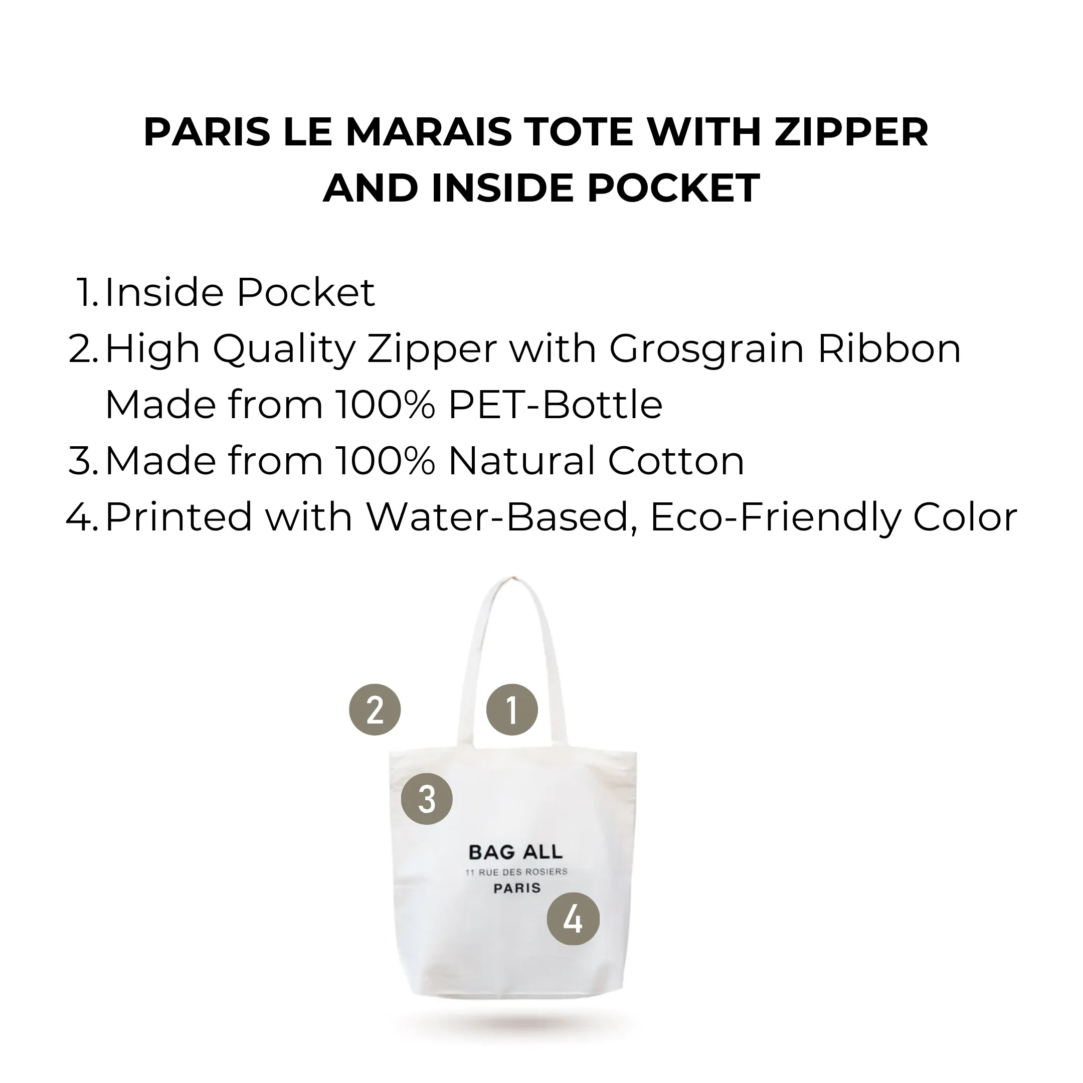 Paris Le Marais Tote with Zipper and Inside Pocket, Cream