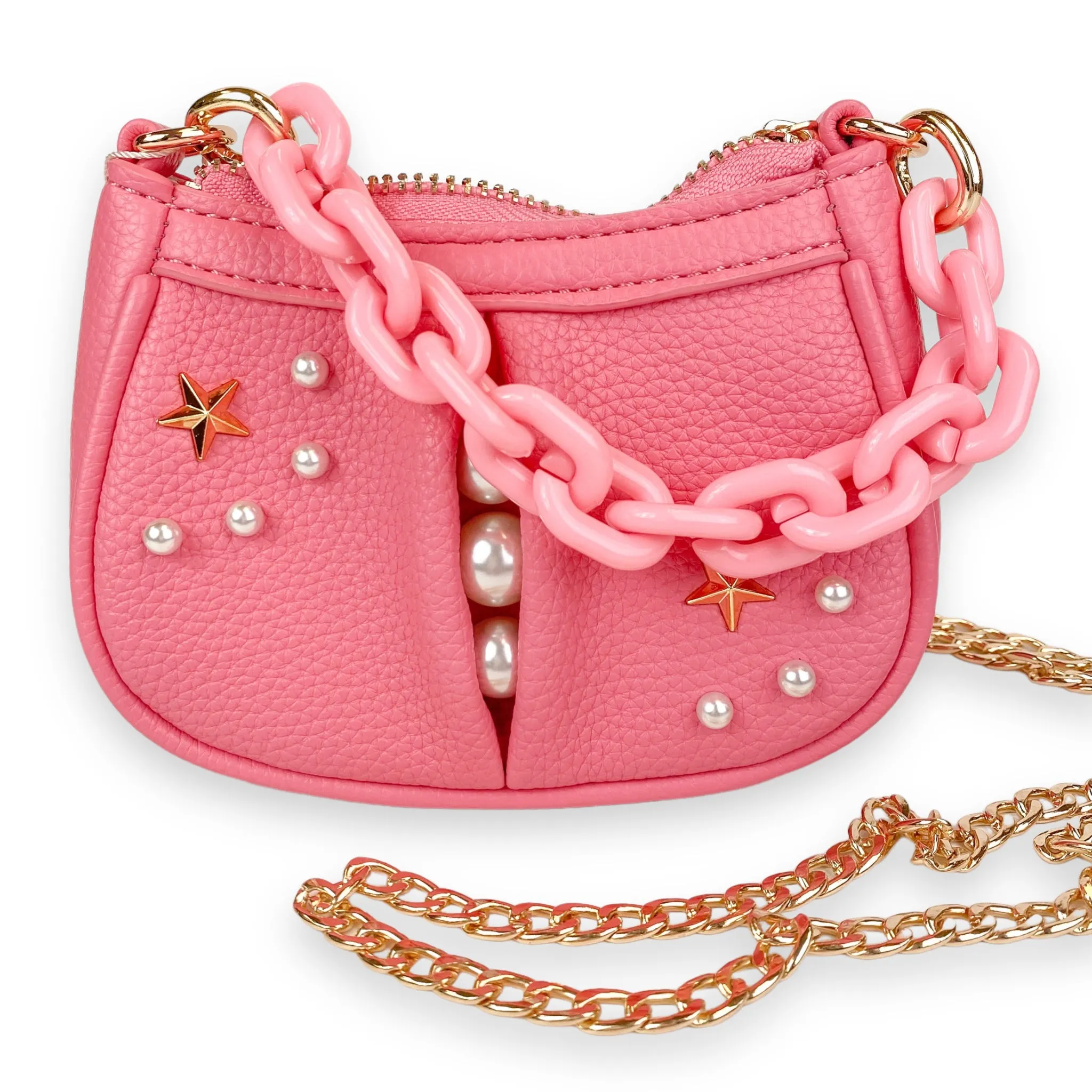 Pearl Studs Mini Leather Shoulder Bag in Fuchsia