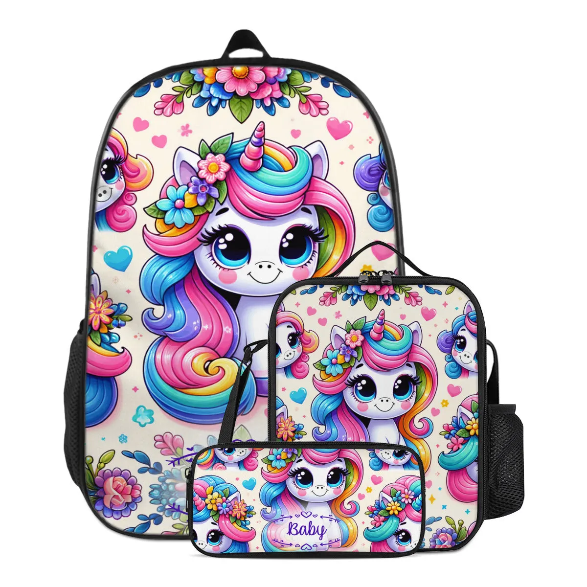 Personalized School Backpack Bag Matching Insulated Lunch Tote Bag Pencil Bag Pouch Set of 3 for School With Rainbow Unicorns Custom Set