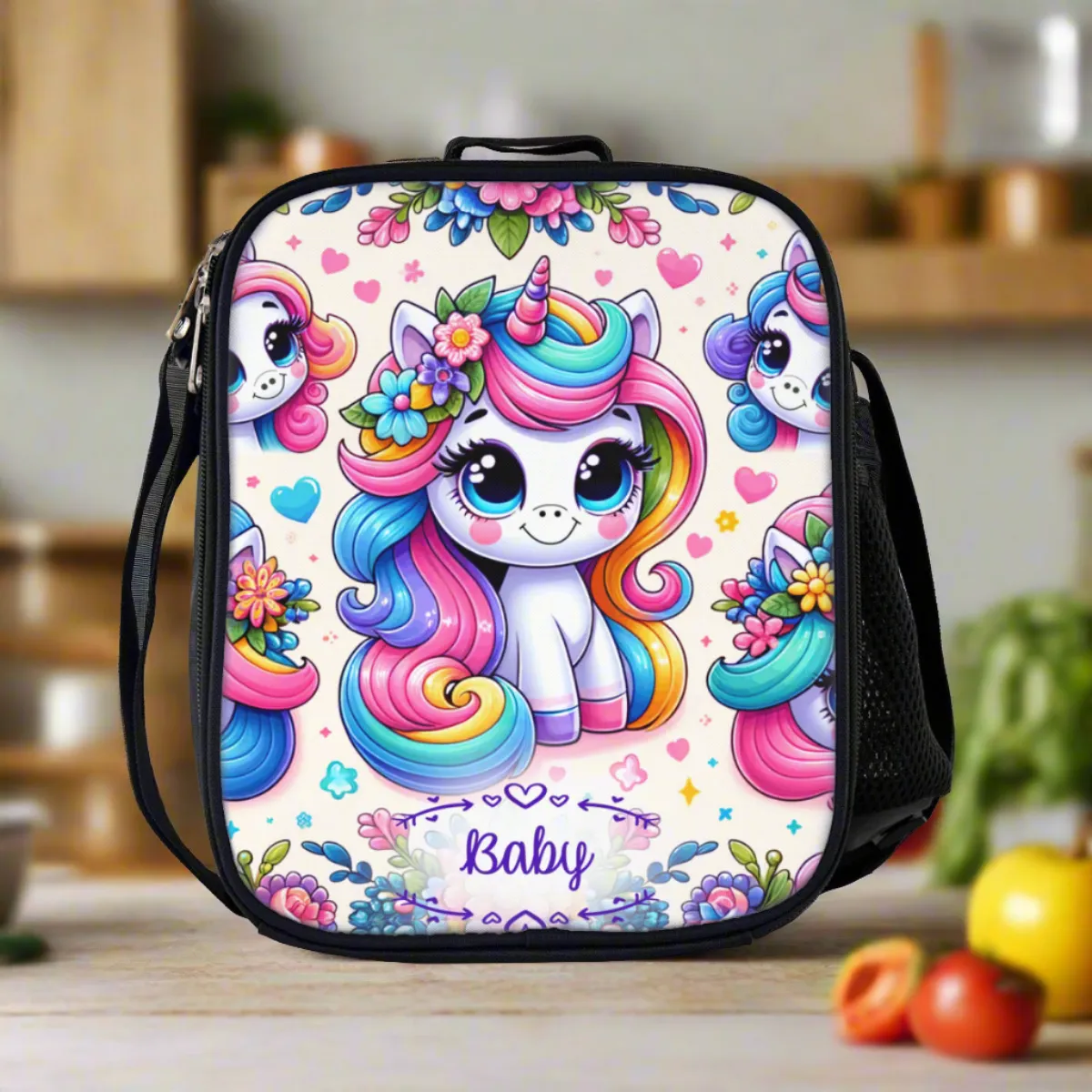 Personalized School Backpack Bag Matching Insulated Lunch Tote Bag Pencil Bag Pouch Set of 3 for School With Rainbow Unicorns Custom Set