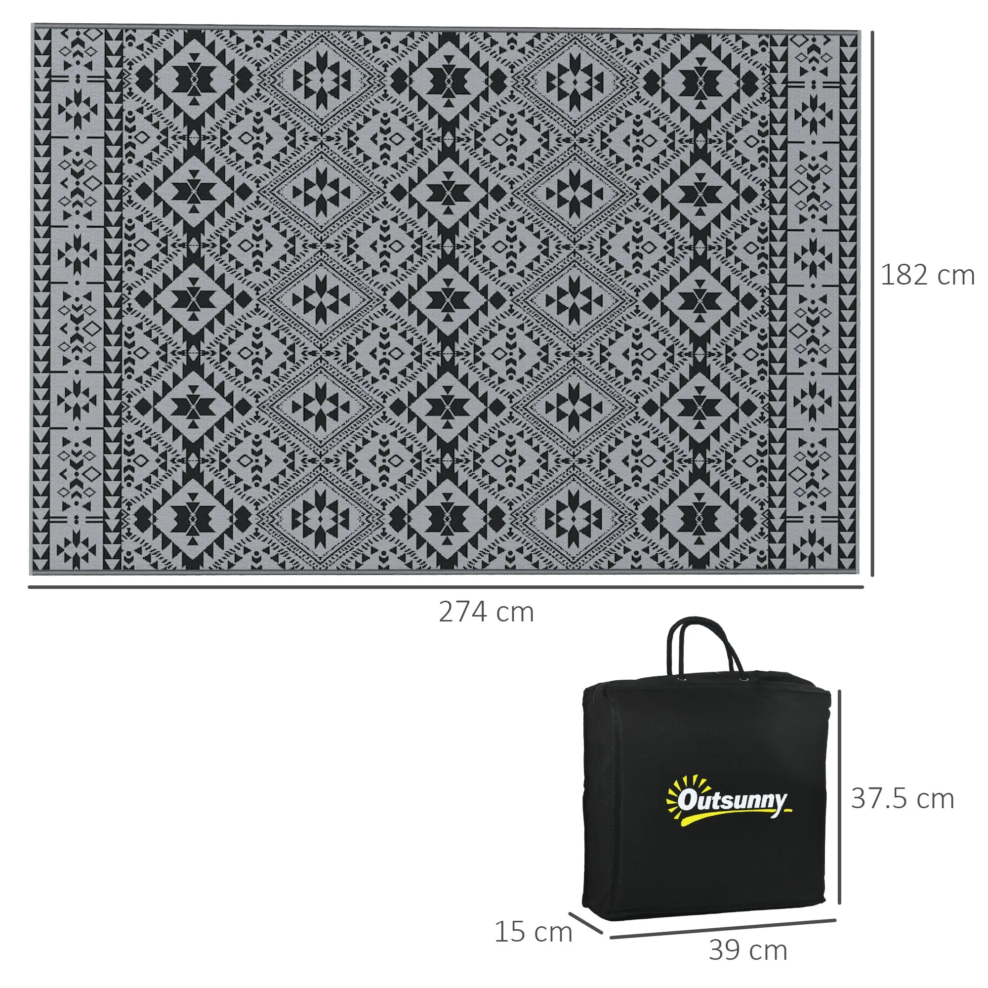 Plastic Straw Reversible RV Outdoor Rug with Carry Bag, 182 x 274cm, Black and Grey