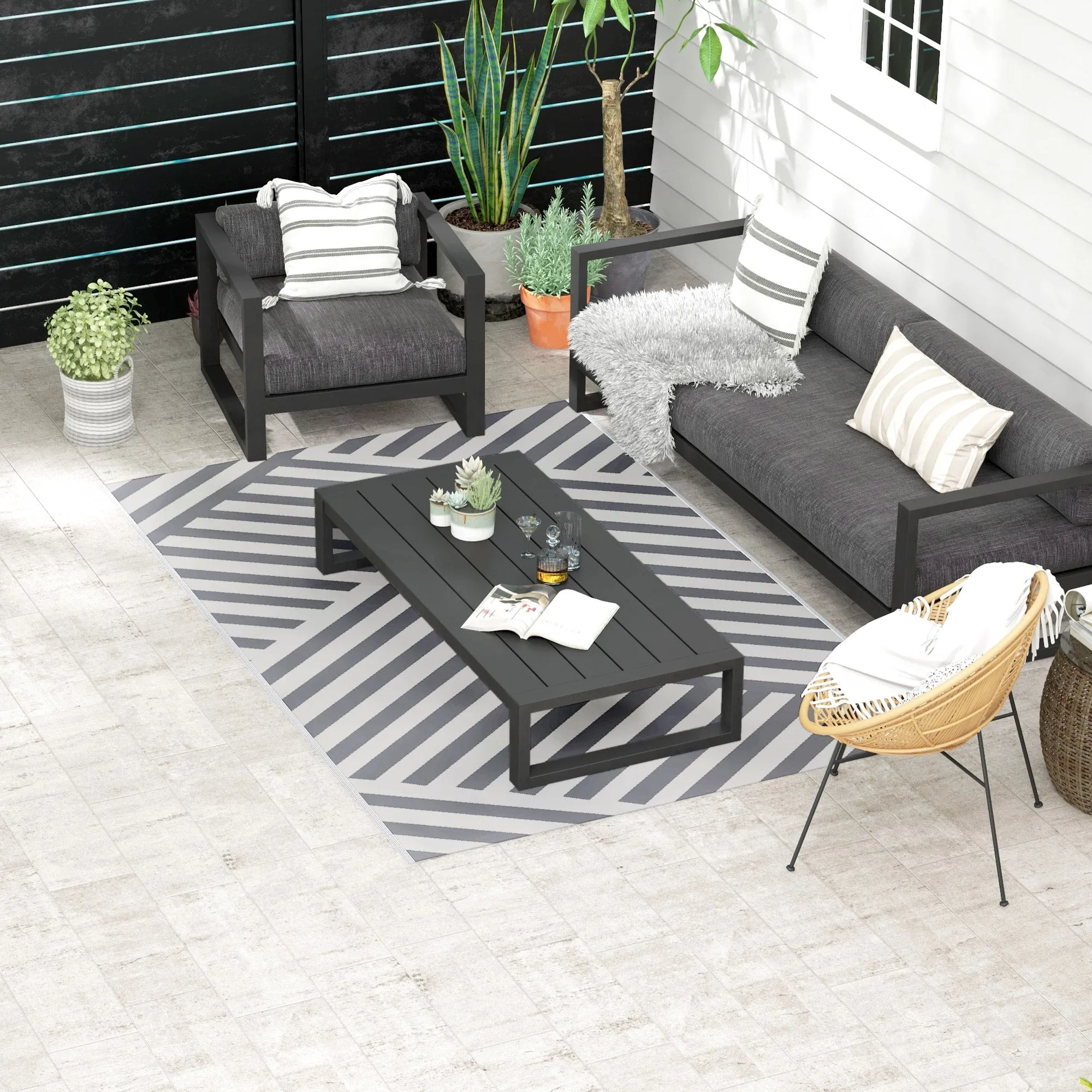 Plastic Straw Reversible RV Outdoor Rug with Carry Bag, 182 x 274cm, Grey and Cream