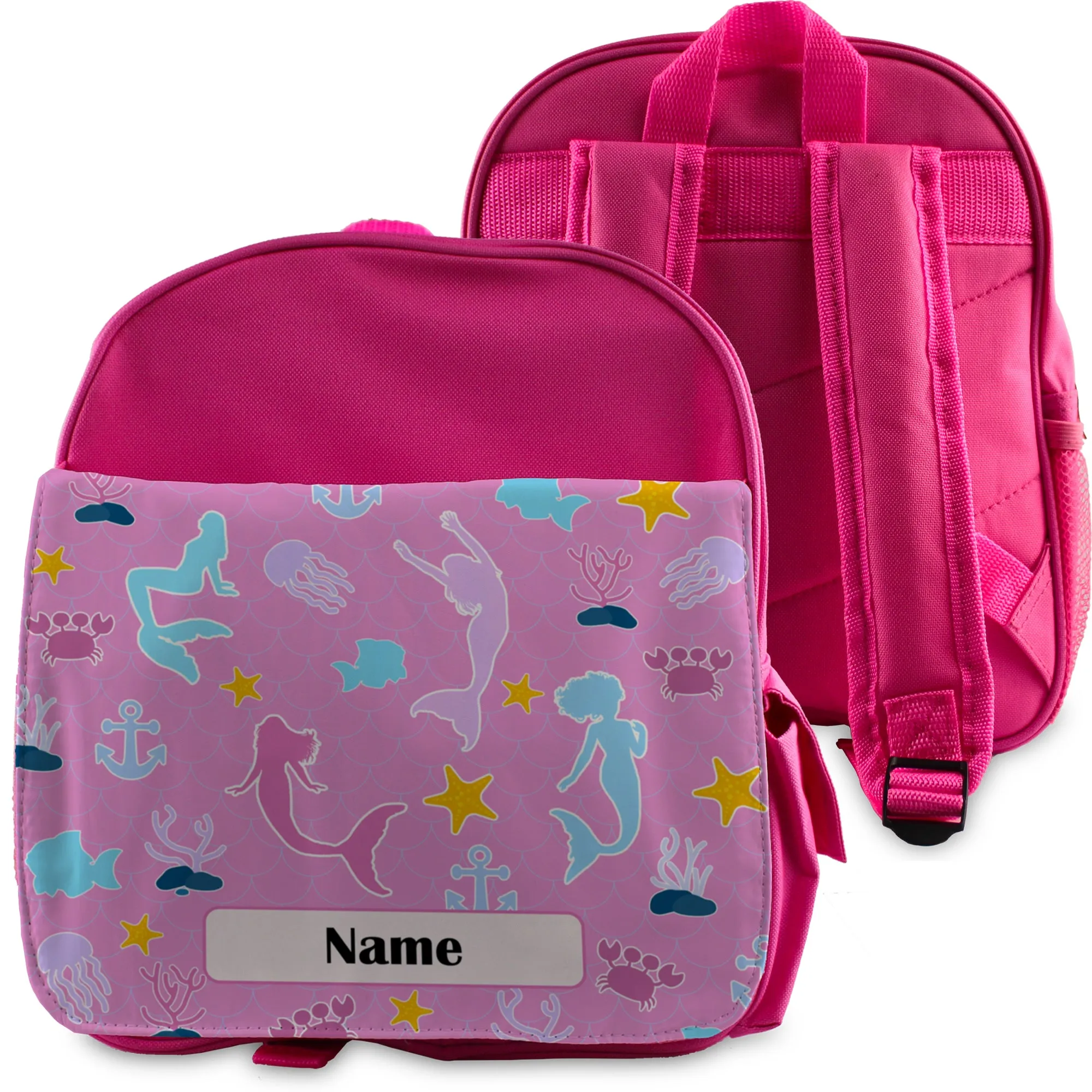 Printed Kids Pink Backpack with Mermaid Design, Customise with Any Name