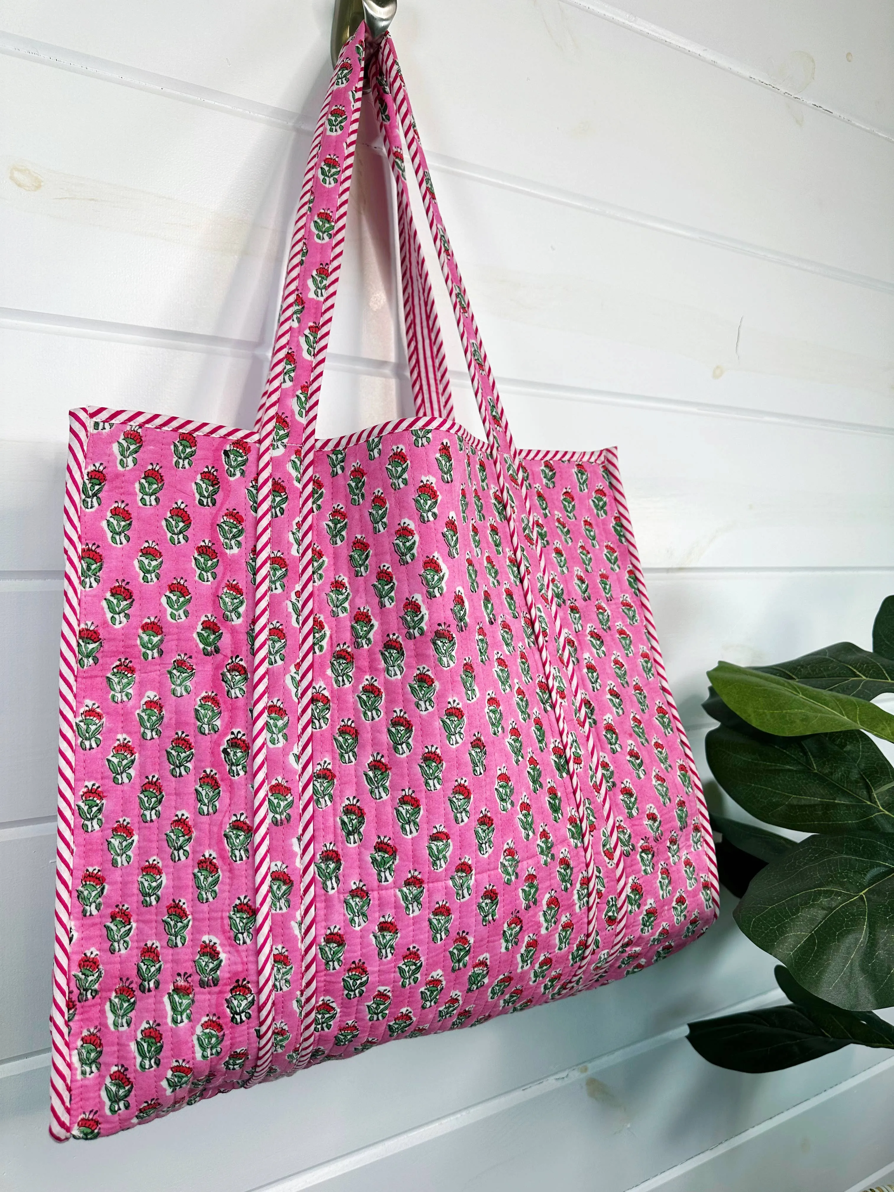 Quilted Tote Bag | Pink Floral Tote | Large Shopping Bag