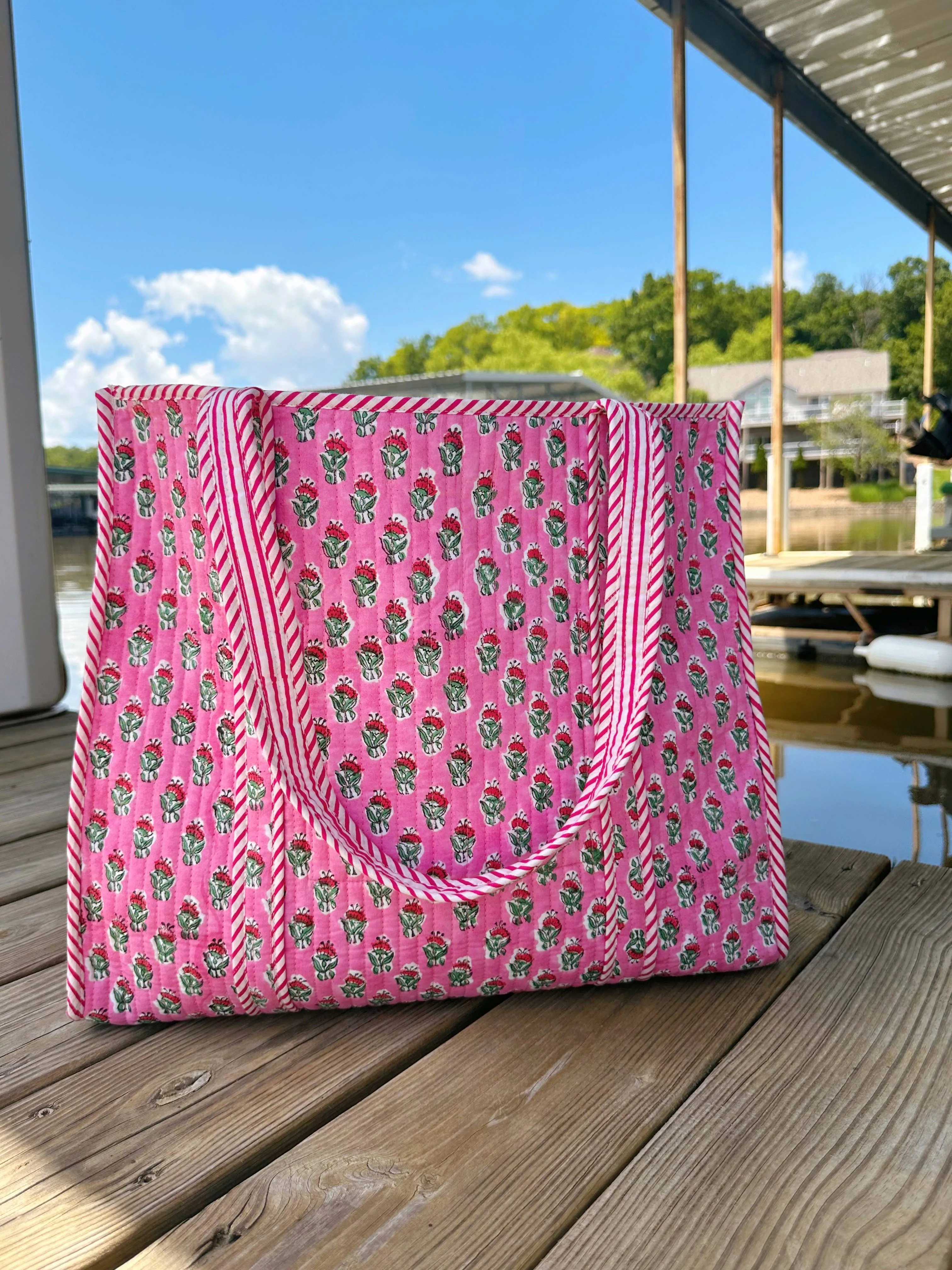 Quilted Tote Bag | Pink Floral Tote | Large Shopping Bag