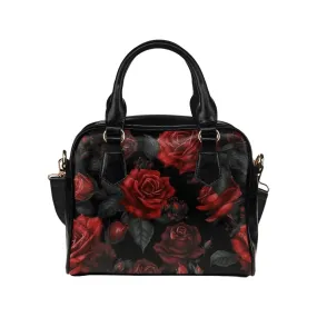 Red Roses Shoulder Purse, Cute Black Small Goth Retro Vintage Vegan Leather Women Designer Handbag with Strap Crossbody Bag