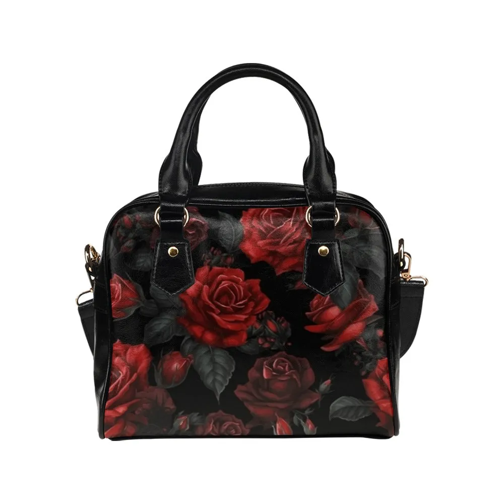 Red Roses Shoulder Purse, Cute Black Small Goth Retro Vintage Vegan Leather Women Designer Handbag with Strap Crossbody Bag