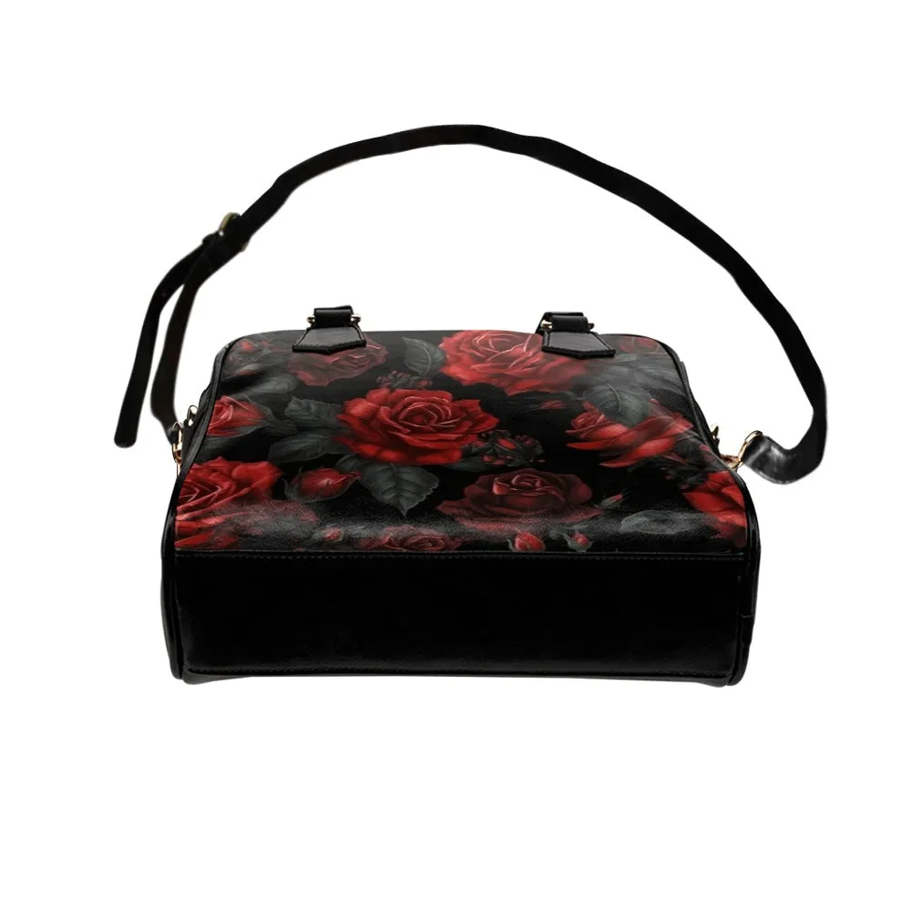 Red Roses Shoulder Purse, Cute Black Small Goth Retro Vintage Vegan Leather Women Designer Handbag with Strap Crossbody Bag