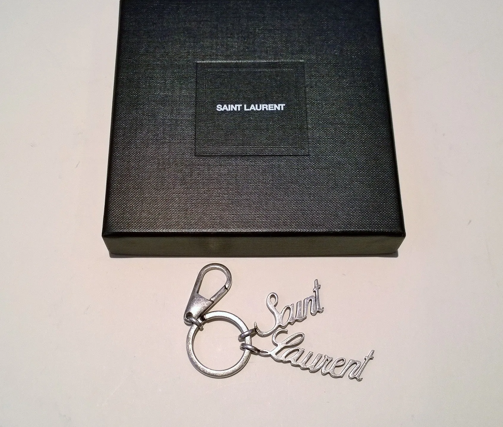 Saint Laurent Oxidized Silver Color Logo Key Ring Bag Charm Porte Cles