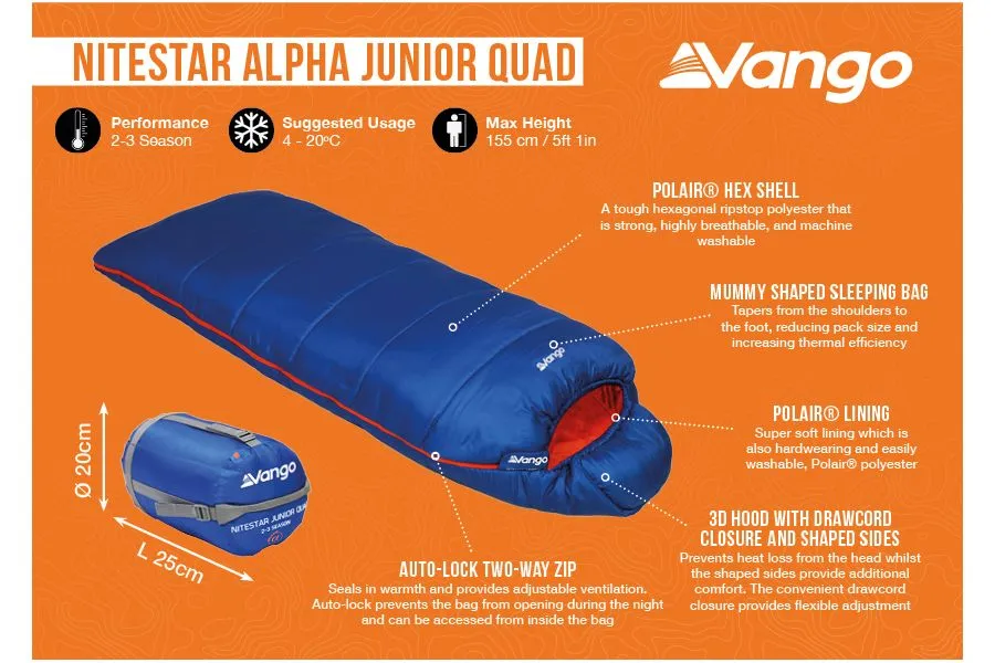 SALE Vango Nitestar Junior QUAD Children's Sleeping Bag in Classic Blue (2-3 Season / 170cm long)