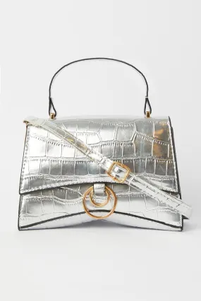 Silver Croc Top Handle Crossbody Bag