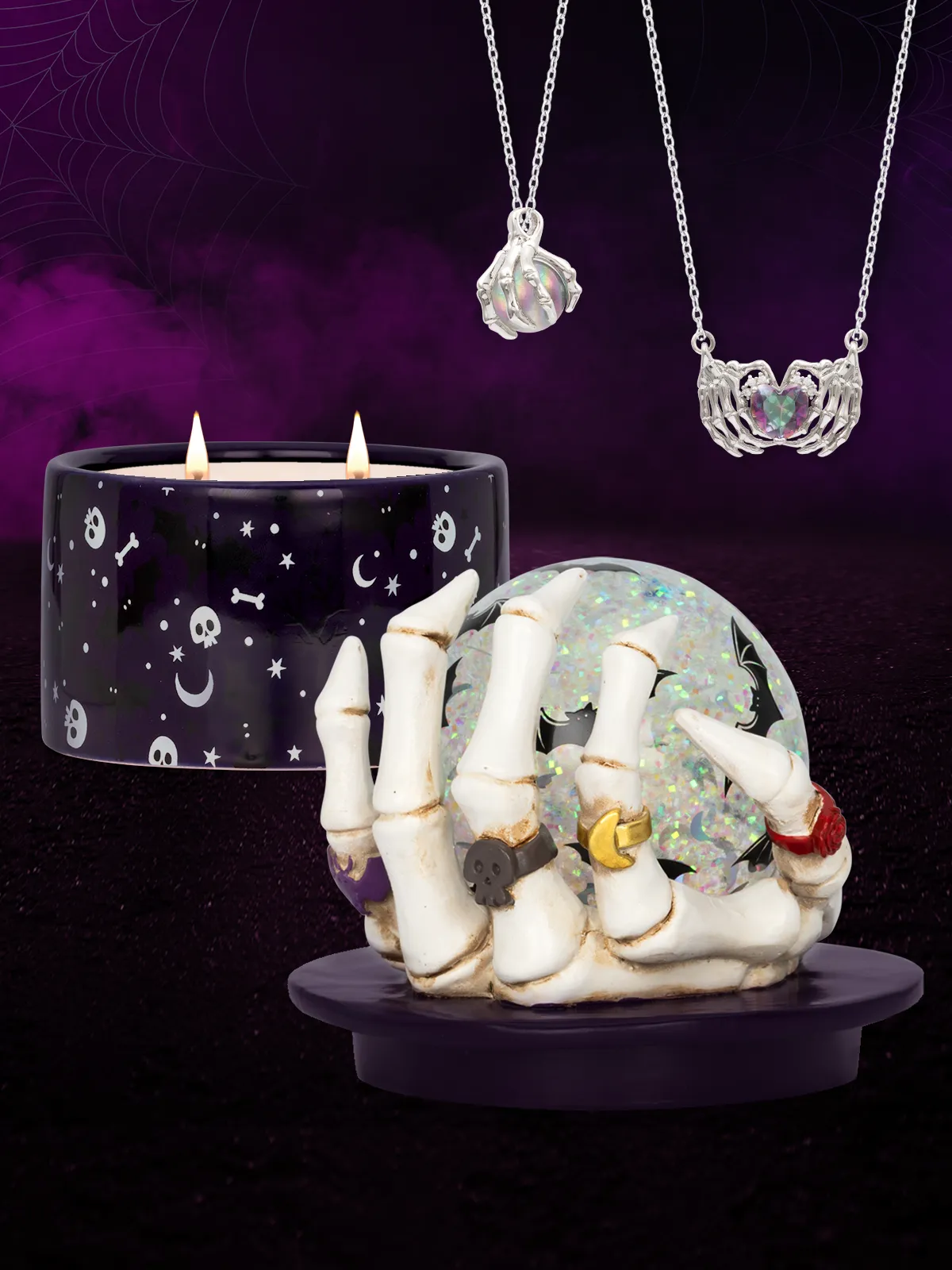 Skeleton Hand Snow Globe Jewelry Candle - Skeleton Hand Necklace Collection