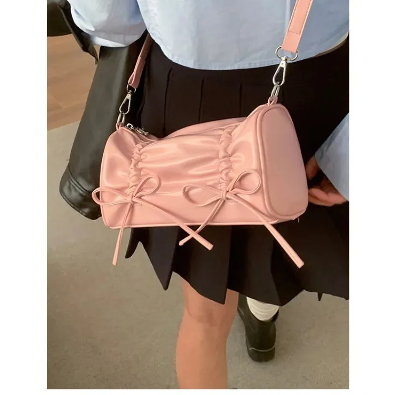 TAVIMART  -  Pleated Pink Women Shoulder Bag Bow Pillow Leather Sweet Elegant Fashion Handbag Gentle Casual Exquisite Ladies Armpit Bag