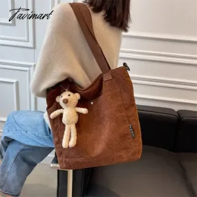 Tavimart Women Corduroy Shoulder Bag Ladies Foldable Solid Color Casual Shopping Tote Zipper Female Handbag Crossbody Bags