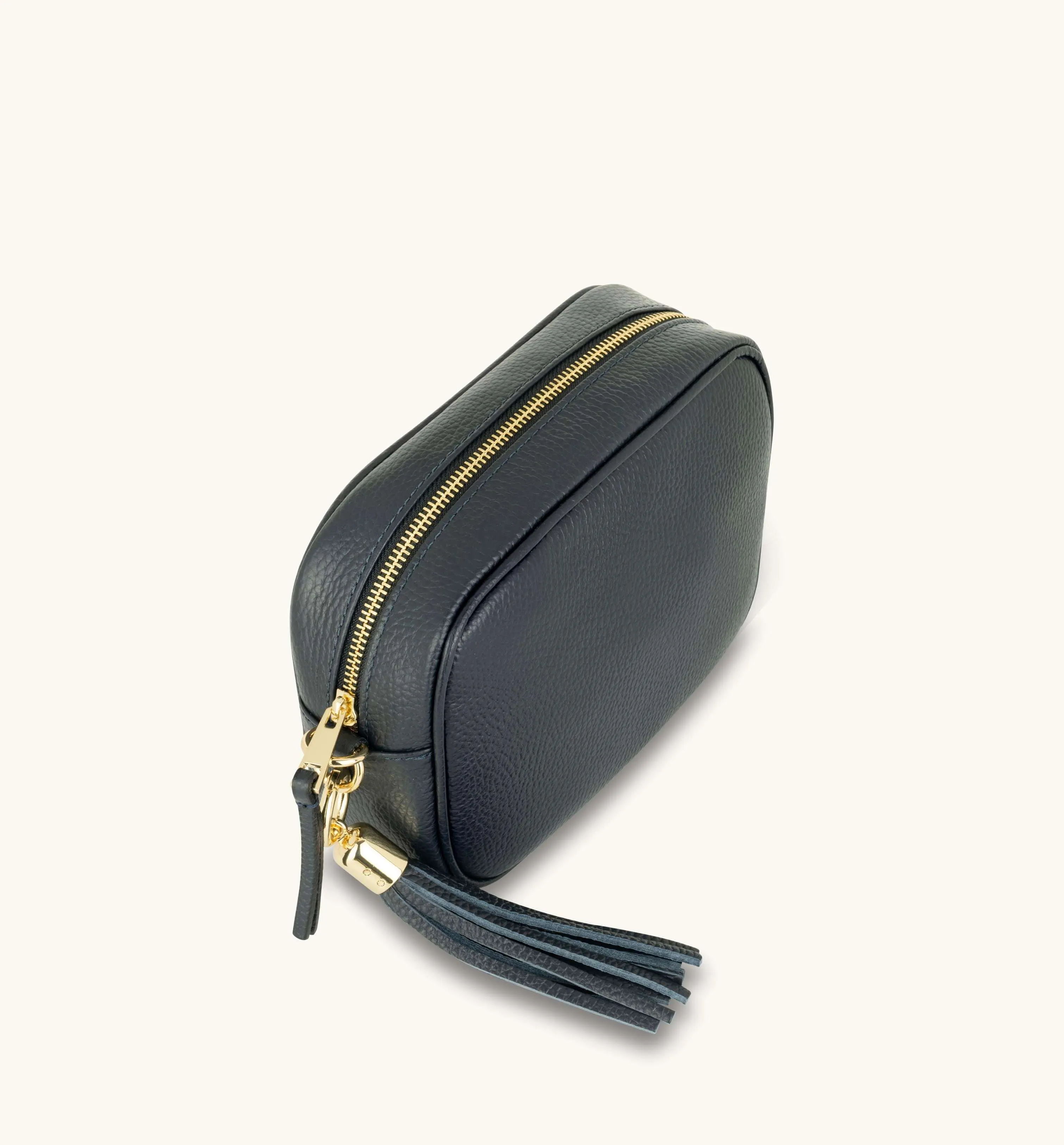 The Tassel Navy Leather Crossbody Bag With Gold Chain Strap