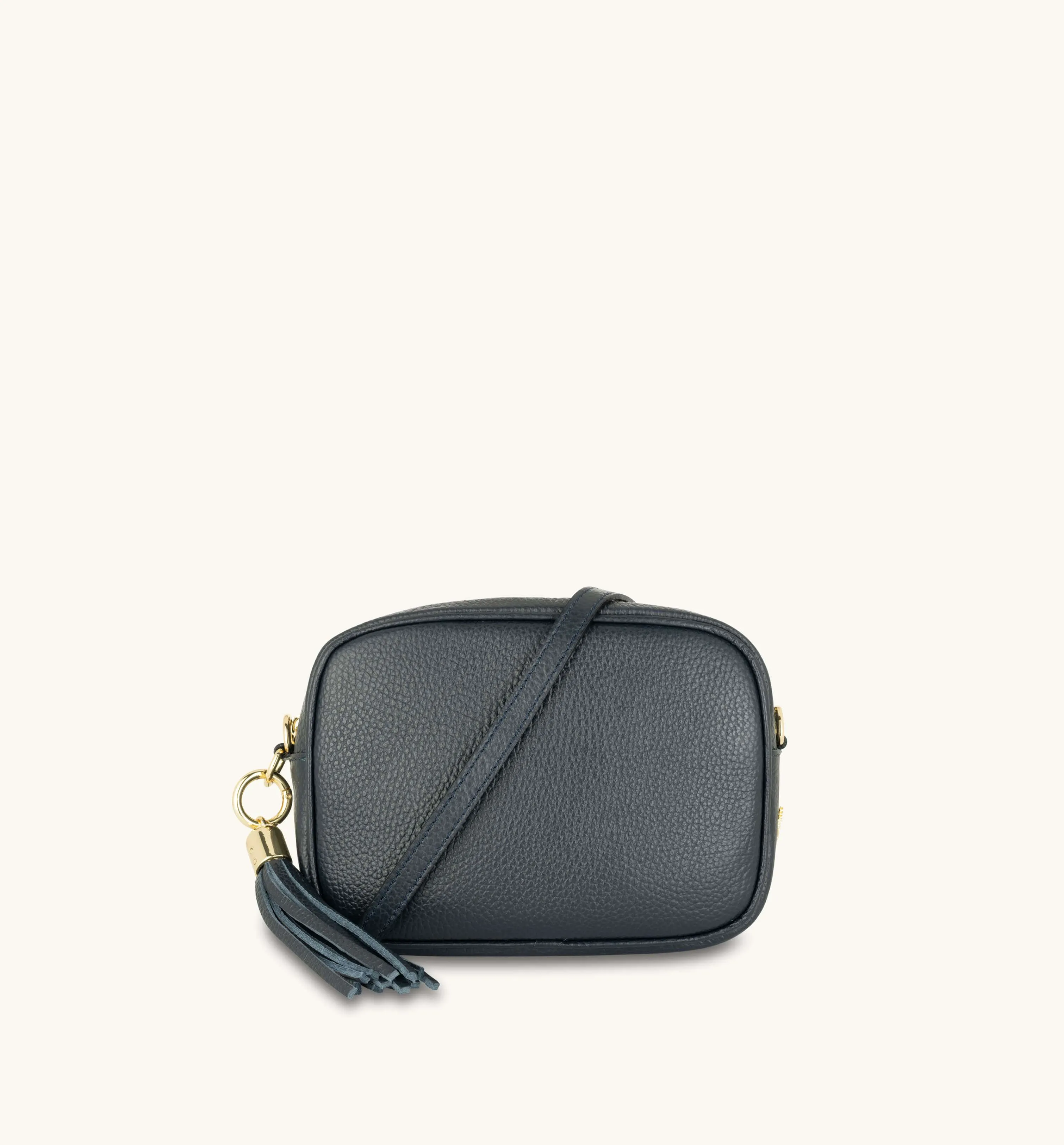 The Tassel Navy Leather Crossbody Bag With Gold Chain Strap