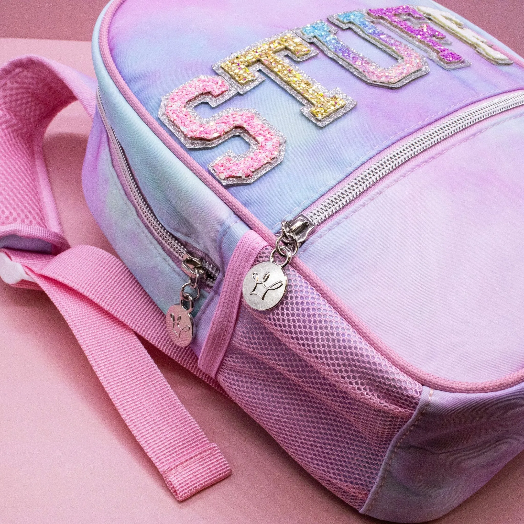 Tie Dye Backpack with Glitter Varsity Patch Letters - Mini