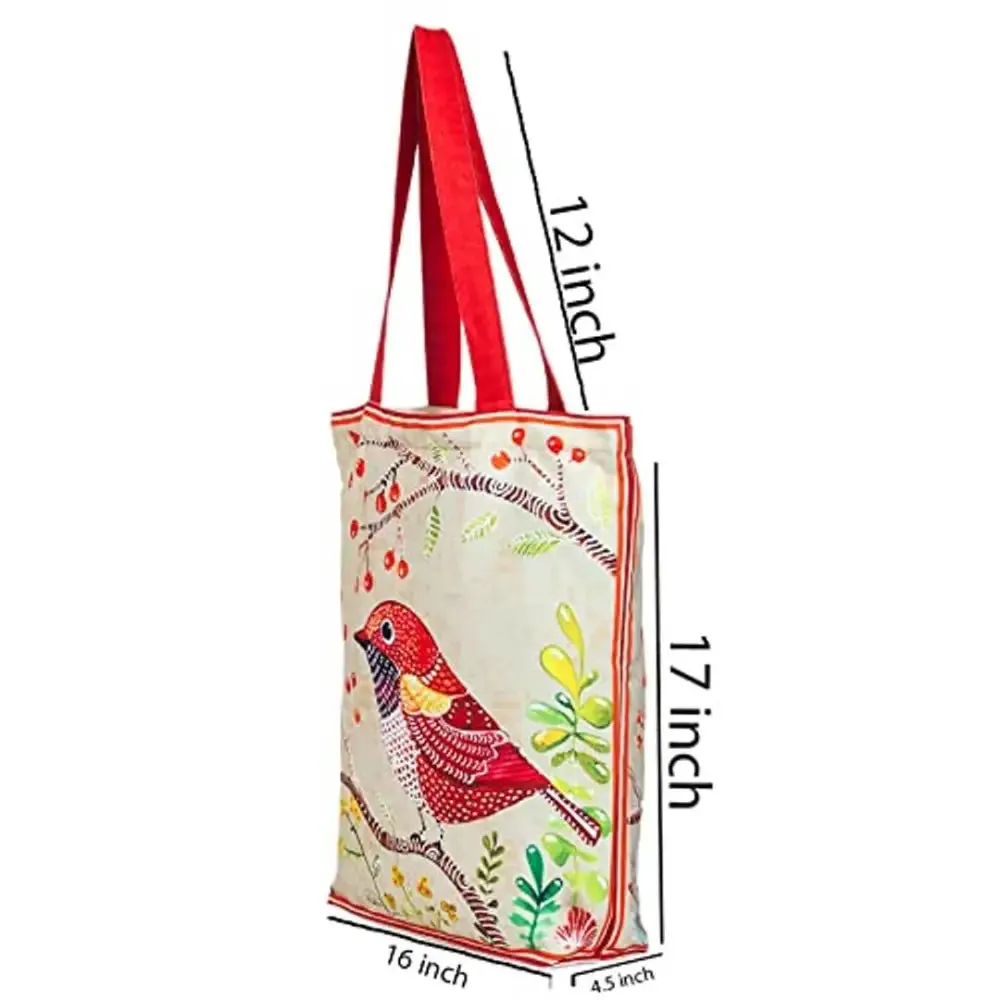 Tikuli Polyester Durable Canvas Large Size Printed Tote Bag for Women with ZIP (Red Multi-2)