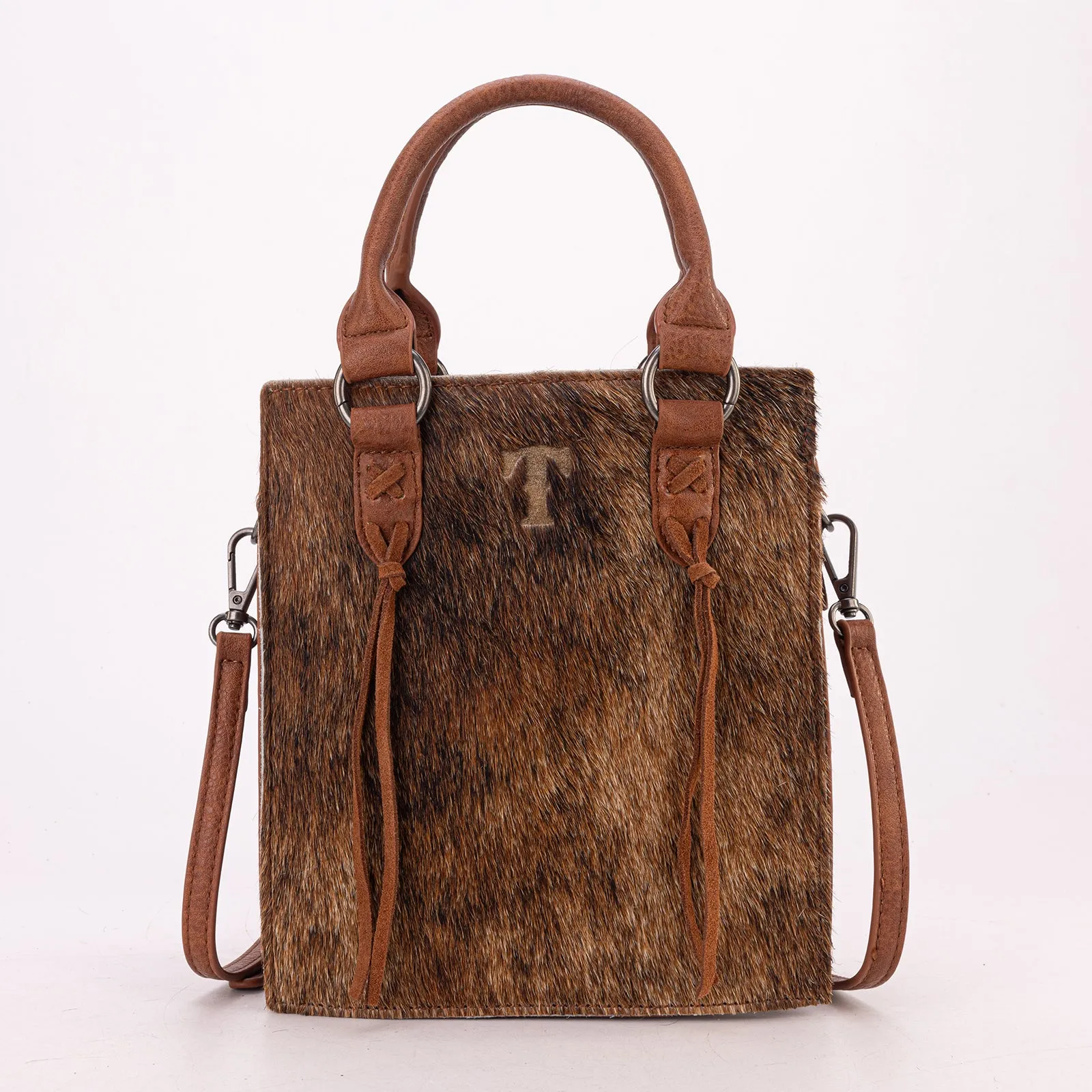 TR183-8360  Trinity Ranch Hair On Cowhide Top Handle Tote/Crossbody -Brown