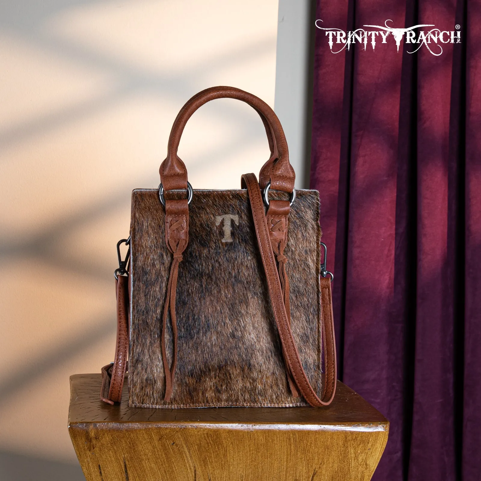 TR183-8360  Trinity Ranch Hair On Cowhide Top Handle Tote/Crossbody -Brown