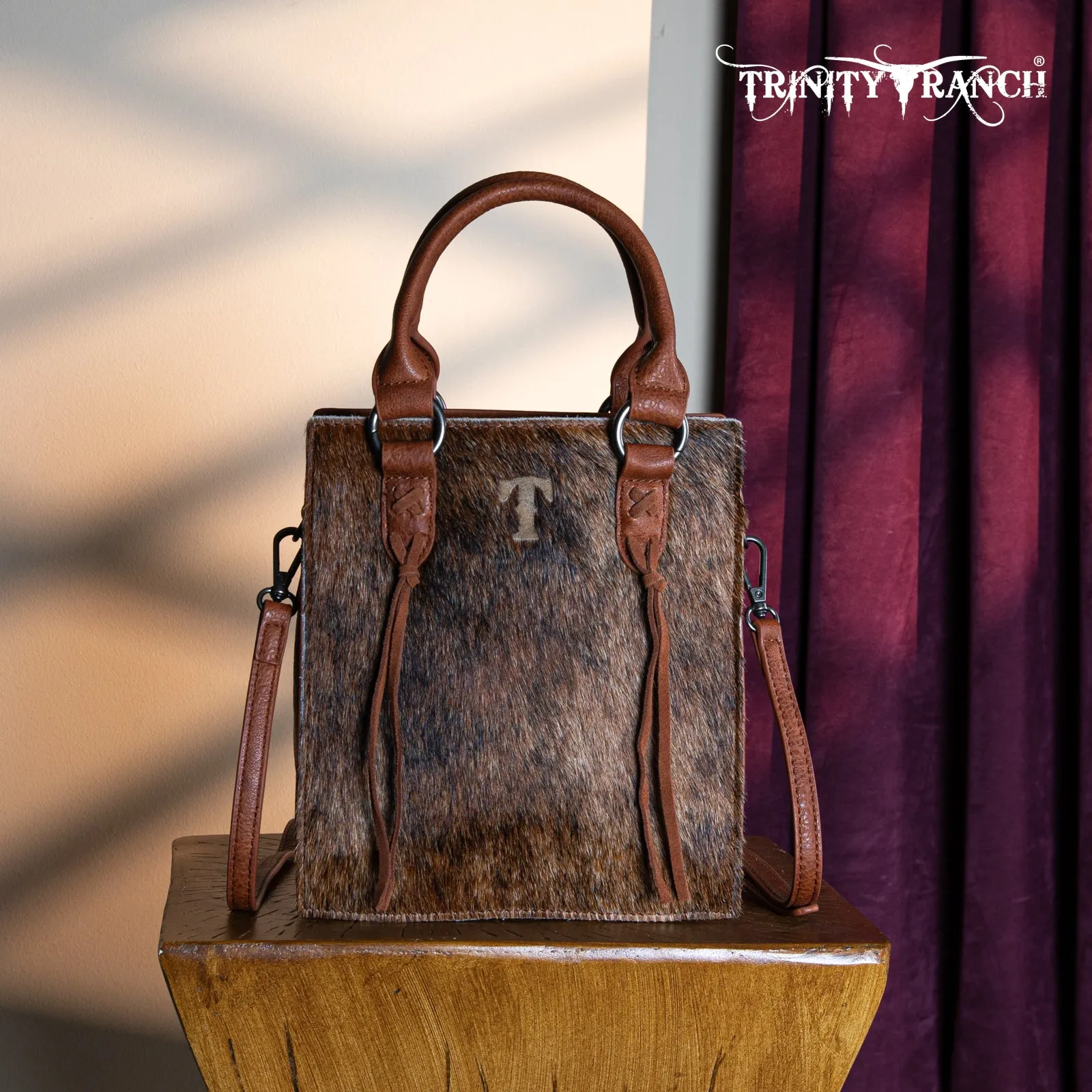 TR183-8360  Trinity Ranch Hair On Cowhide Top Handle Tote/Crossbody -Brown