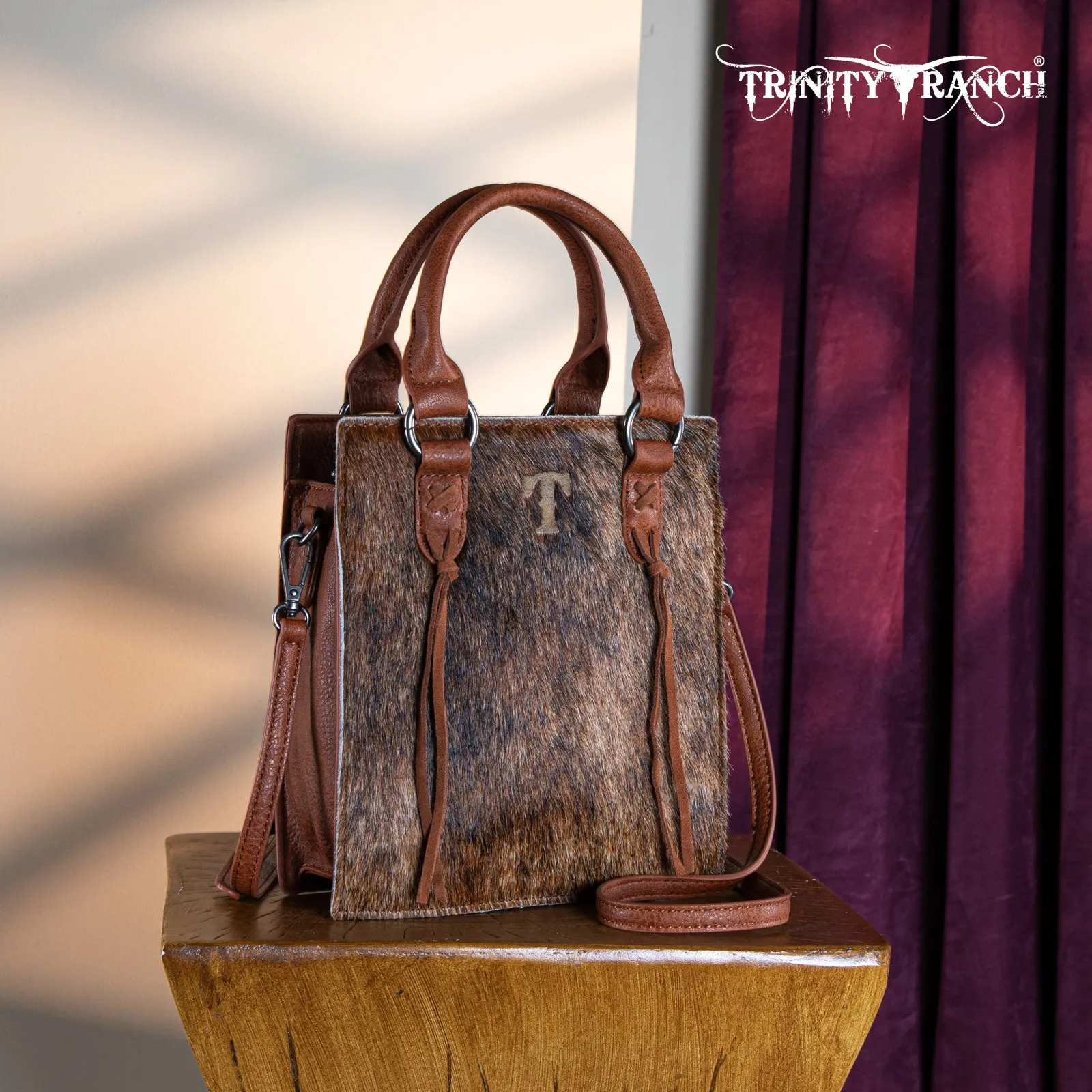 TR183-8360  Trinity Ranch Hair On Cowhide Top Handle Tote/Crossbody -Brown