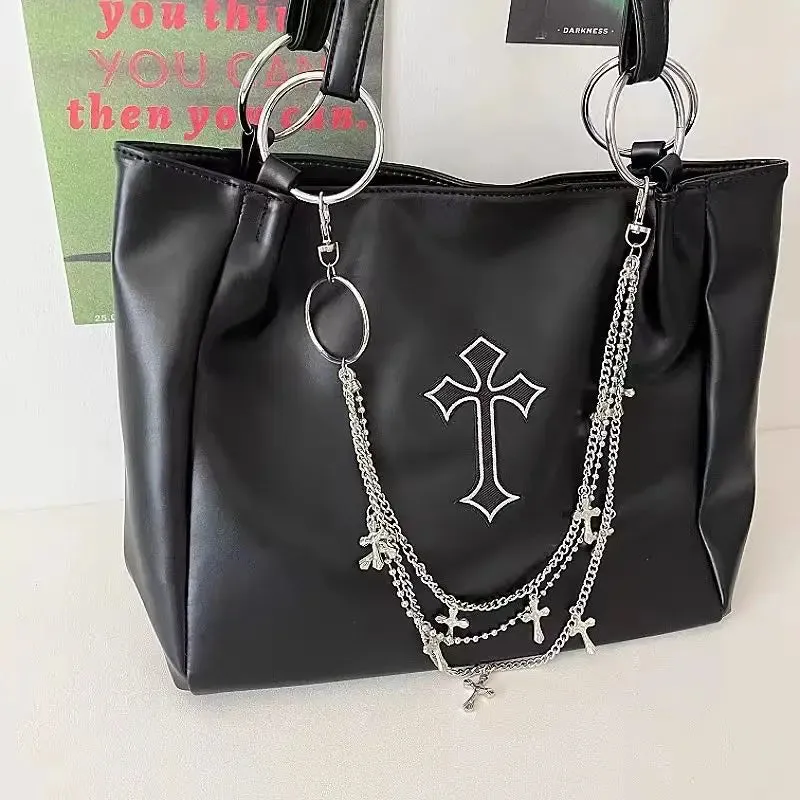 Uniwim   -  Large Capacity Women's Gothic Black Tote Bag Y2k Hot Girls Chain Shoulder Bags Fashion Pu Leather Female Travel Handbags Purse